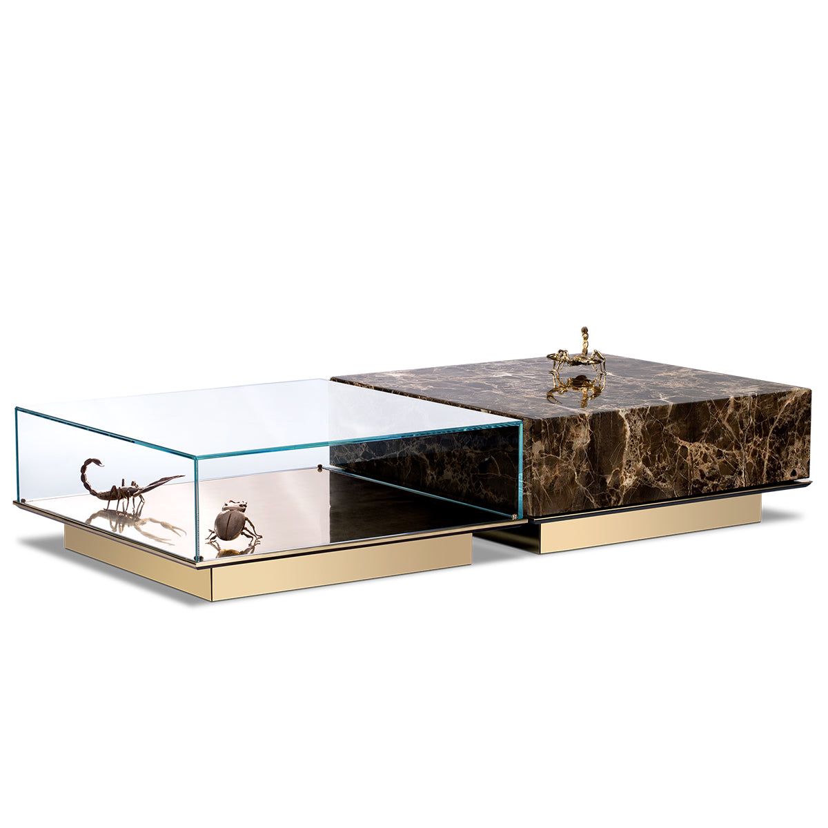 Luxury Coffee Table Set with Marble, Glass & Sculptural Gold Brass Design