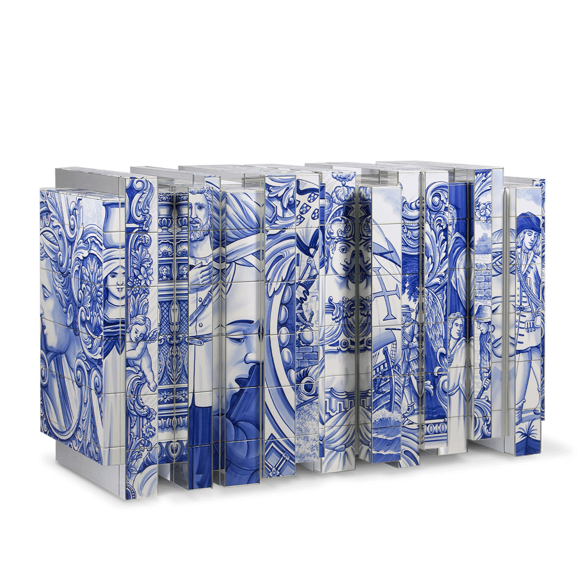 Luxury Hand-Painted Tile Sideboard Cabinet with Vintage Artwork & Hidden Storage