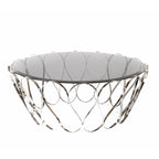 Luxury Round Coffee Table with Sculptural Brass Base, Smoked Glass Top & Modern Architectural Design