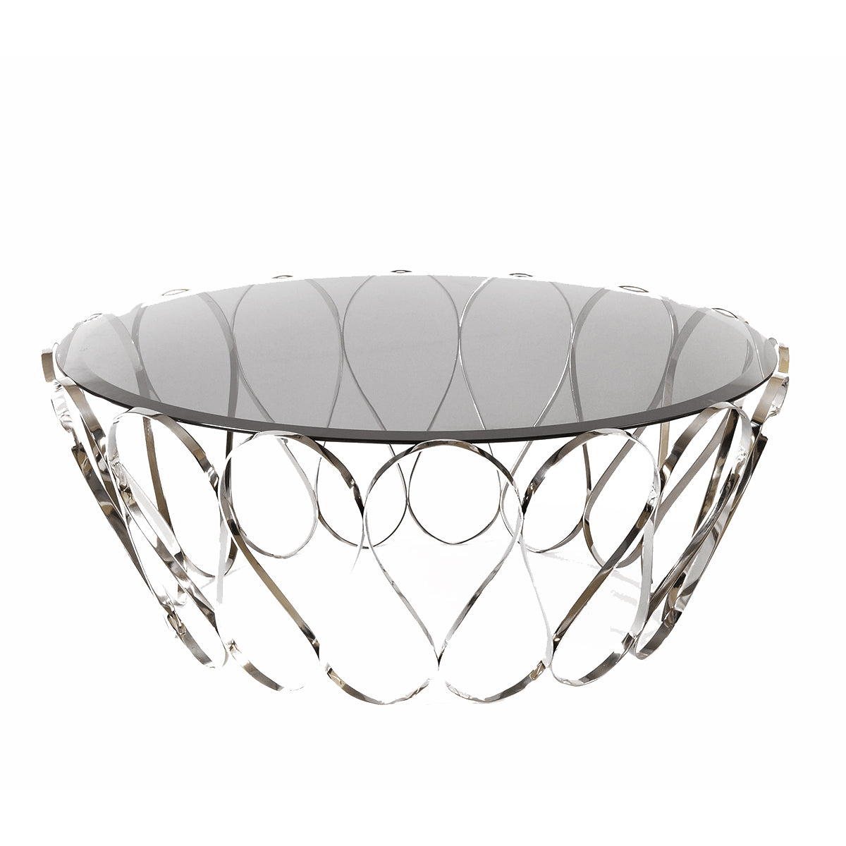 Luxury Round Coffee Table with Sculptural Brass Base, Smoked Glass Top & Modern Architectural Design