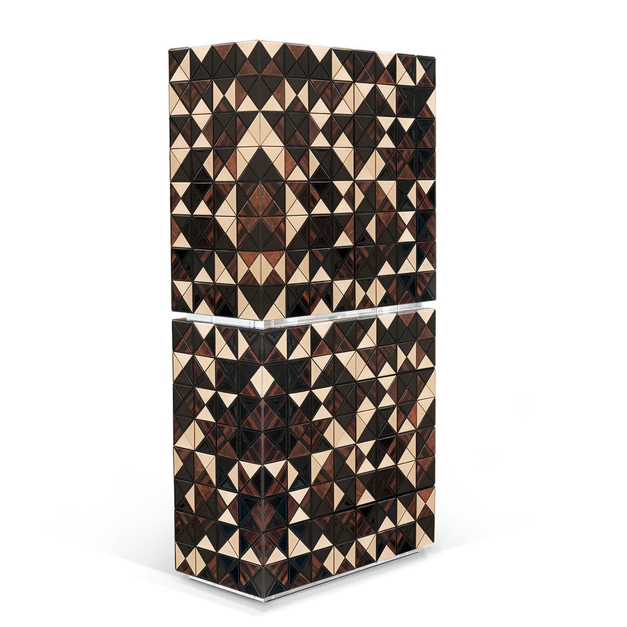 Luxury Walnut Curio Cabinet with Pixel-Inspired Design & Hidden Storage