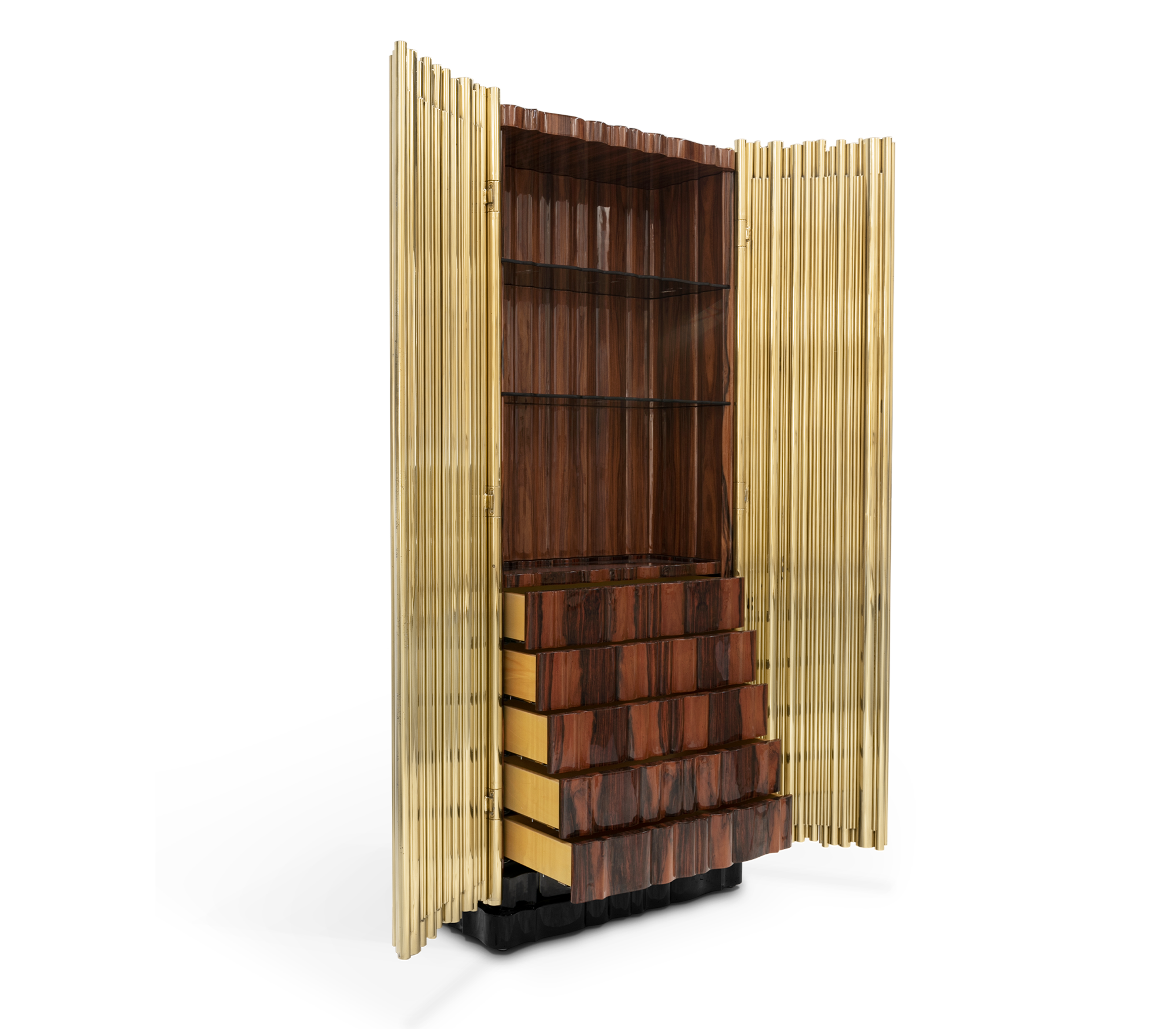 Luxury Curio Cabinet with Brass Tube Design, Glass Shelves & Hidden Storage