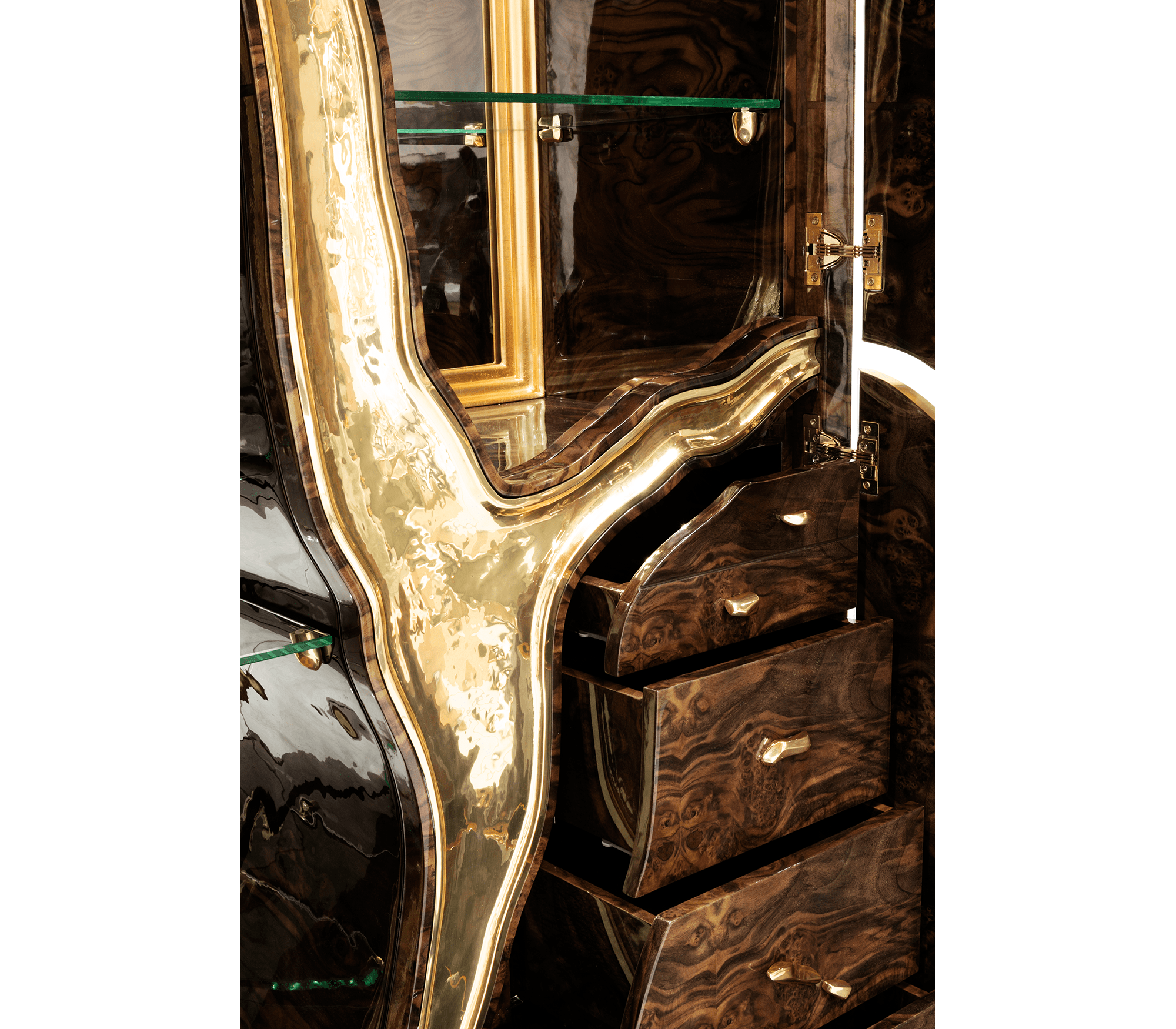 Luxury Walnut Display Cabinet with Sculptural Brass Accents & Hidden Storage