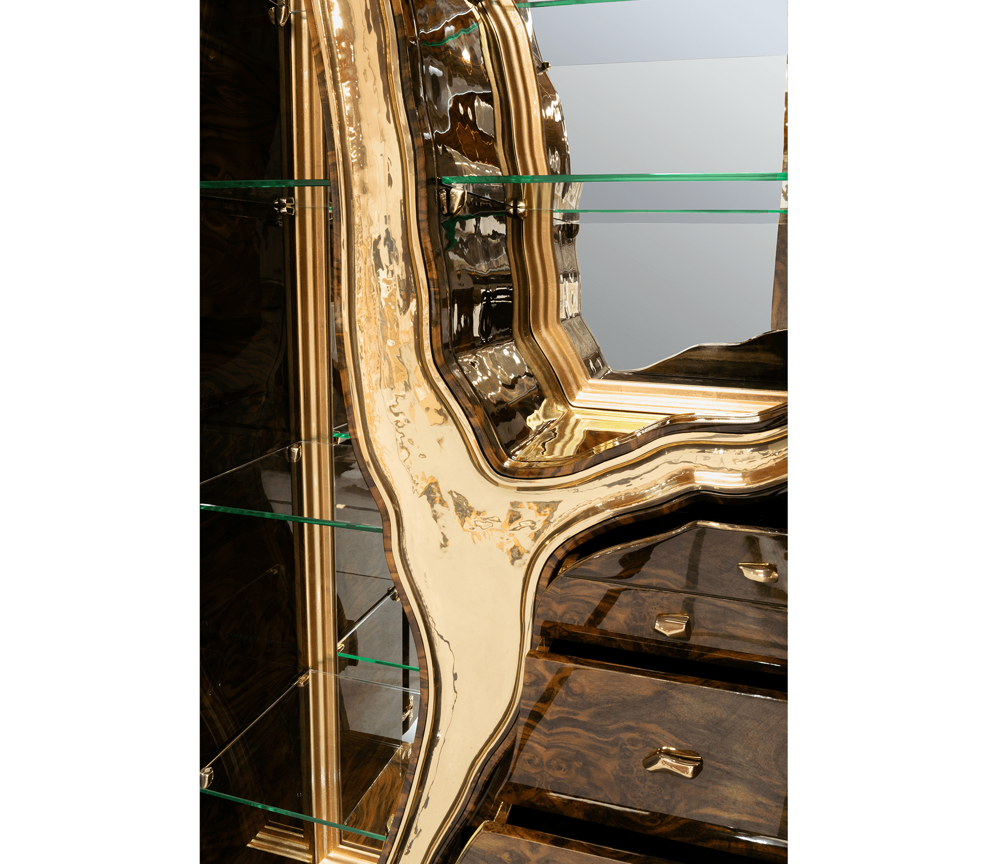 Luxury Walnut Display Cabinet with Sculptural Brass Accents & Hidden Storage