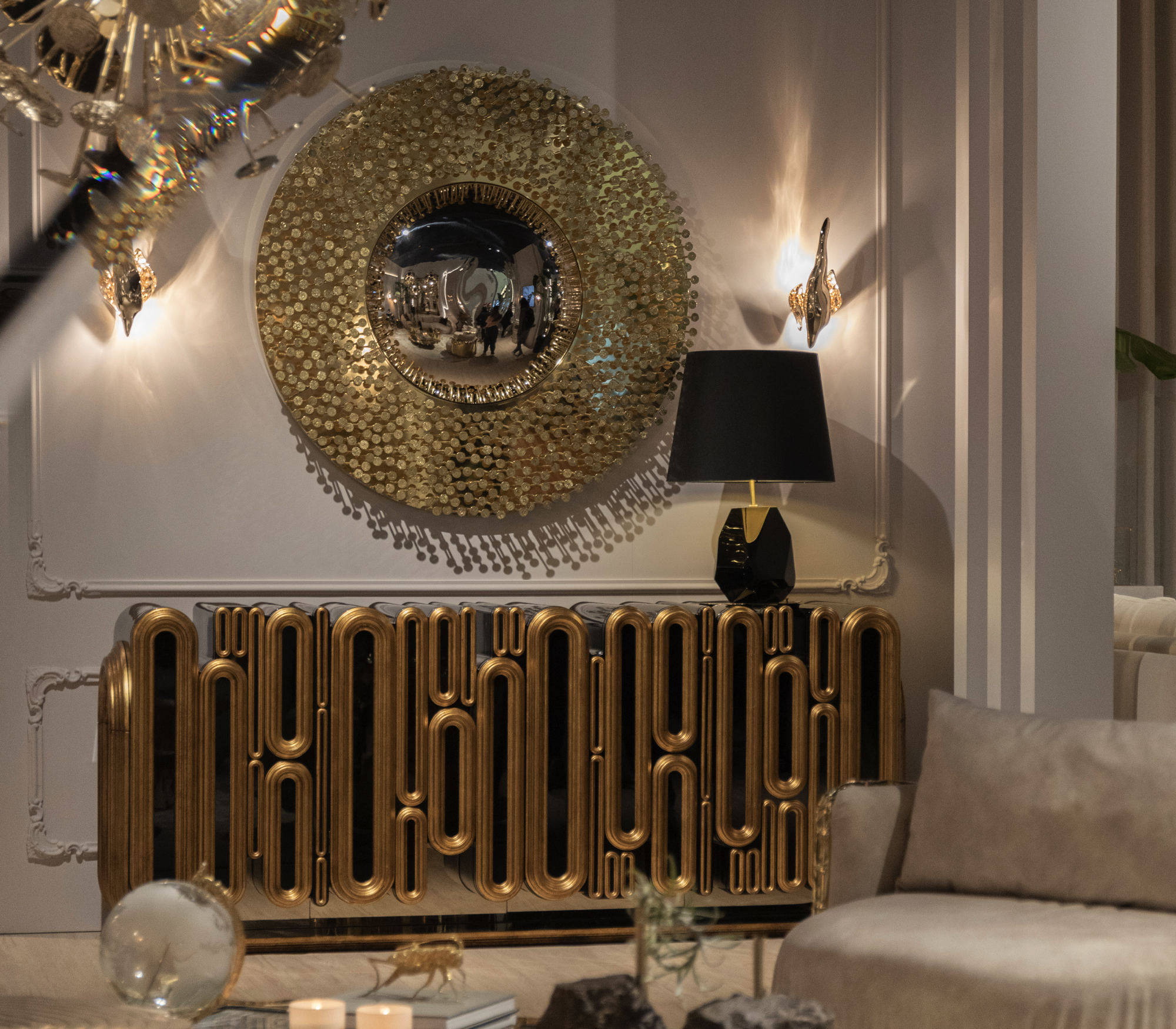 Luxury Gold Sideboard Buffet Cabinet with Sculptural Metal Design & Hidden Storage