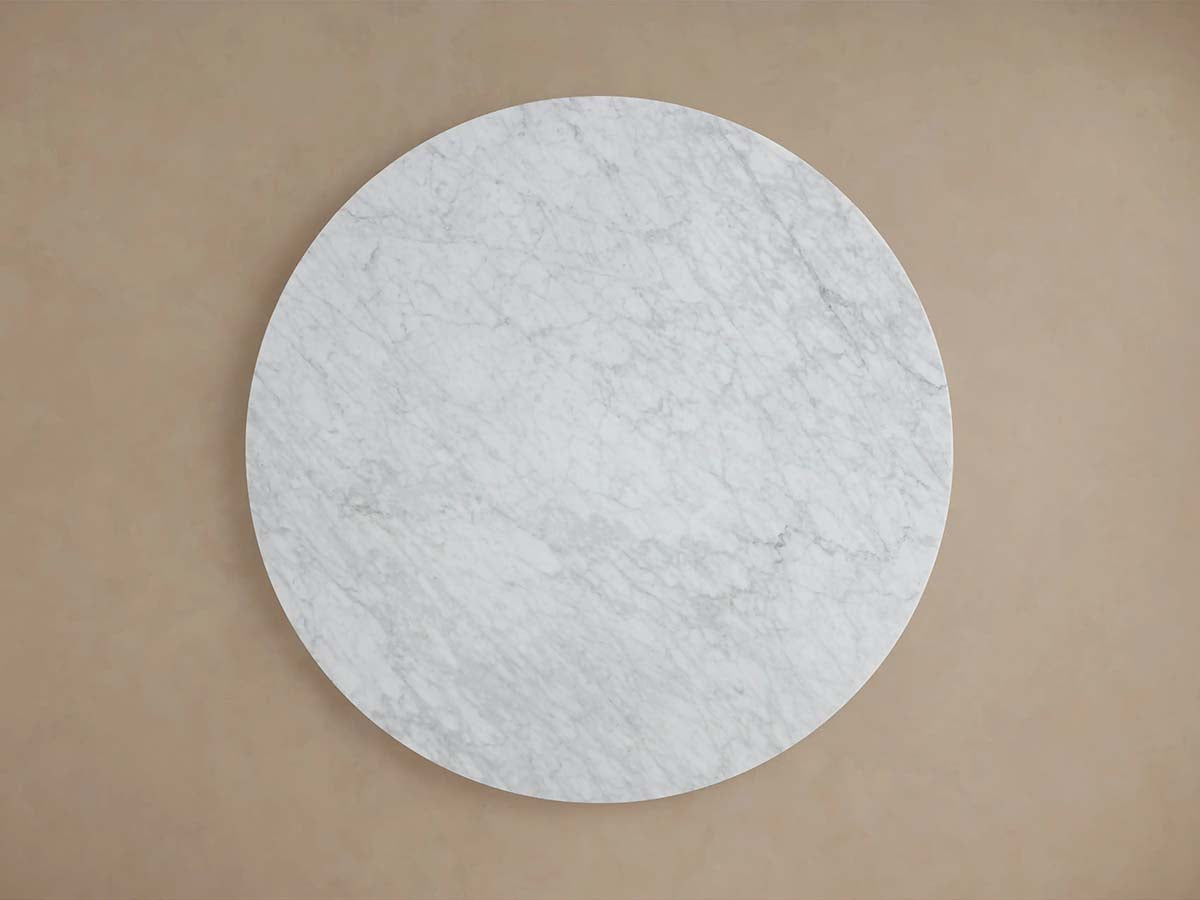 Saint Germain Round Stone Dining Table with Carrara Marble Top Wood Rennes Base