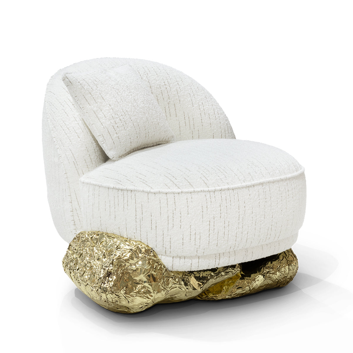 Luxury Sculptural Armchair with Polished Hammered Brass Base & Organic Curved Design