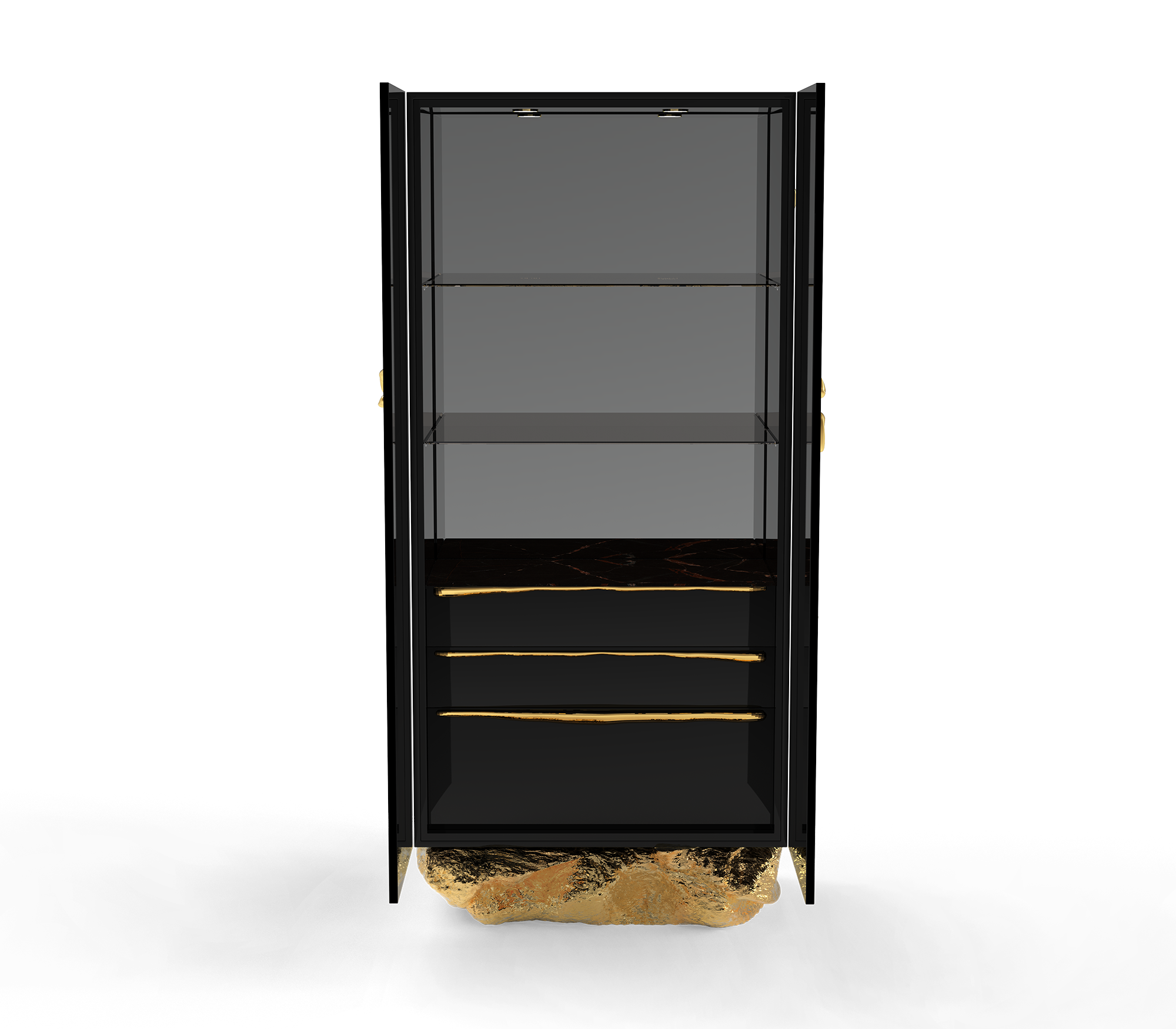 Luxury Marble Curio Cabinet with Brass Base, Glass Display Shelves & Hidden Storage