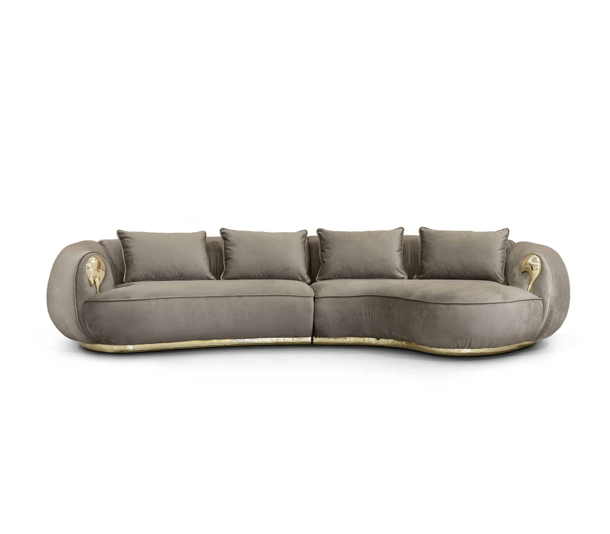 Luxury Curved Sofa with Hand-Hammered Polished Brass Base & Cream Upholstery Design