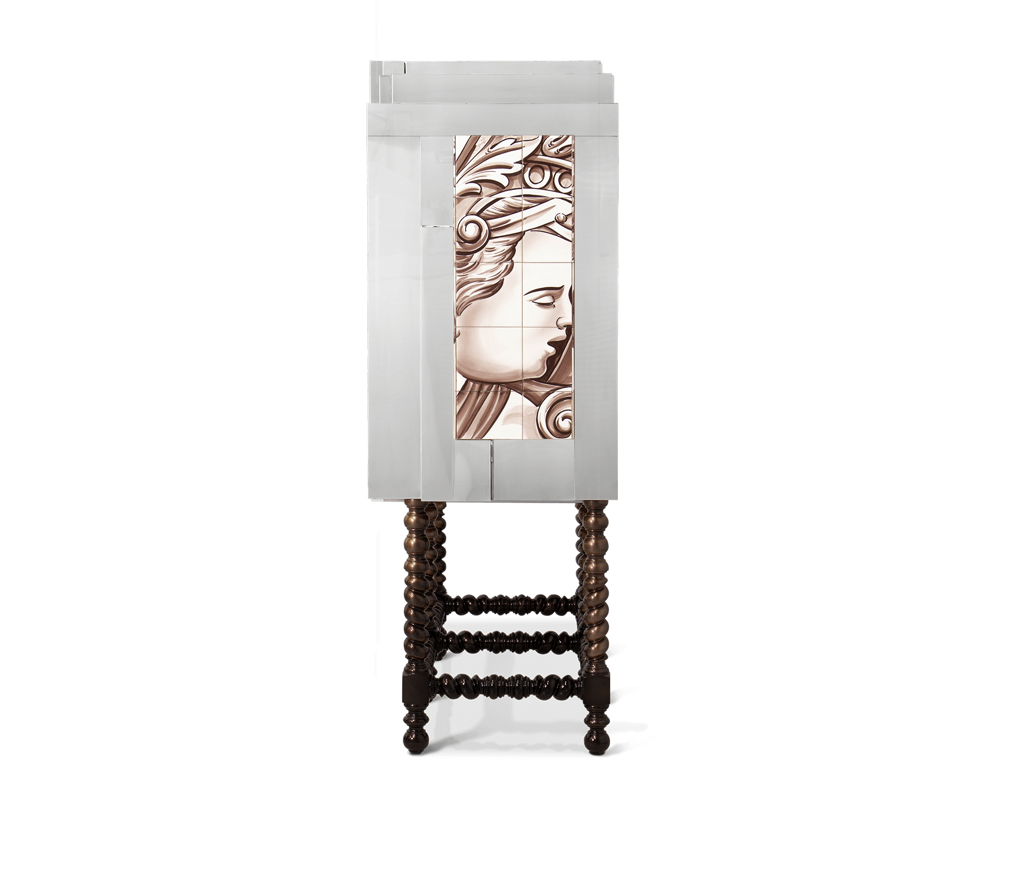 Luxury Hand-Painted Tile Cabinet with Mirrored Details & Collector Storage