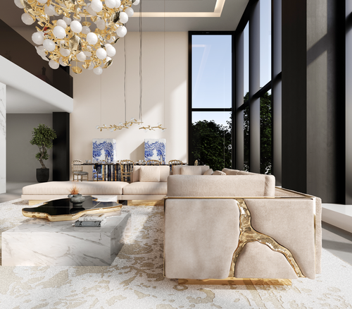 Luxury Modular Sofa with Karst-Inspired Sculptural Design & Polished Brass Frame
