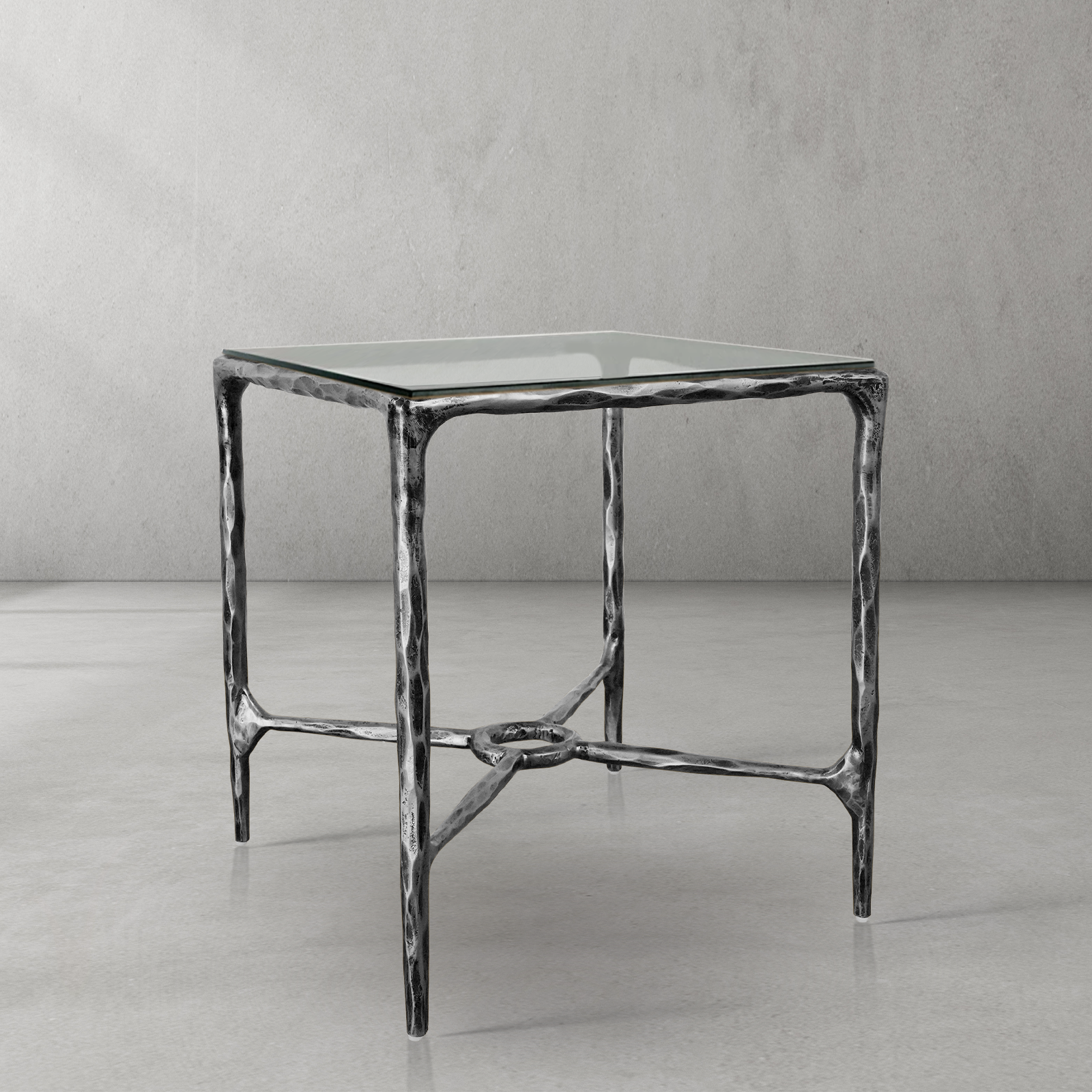 Thaddeus Metal Glass Square Side Table Overhang Hand-Forged Style-O End Table
