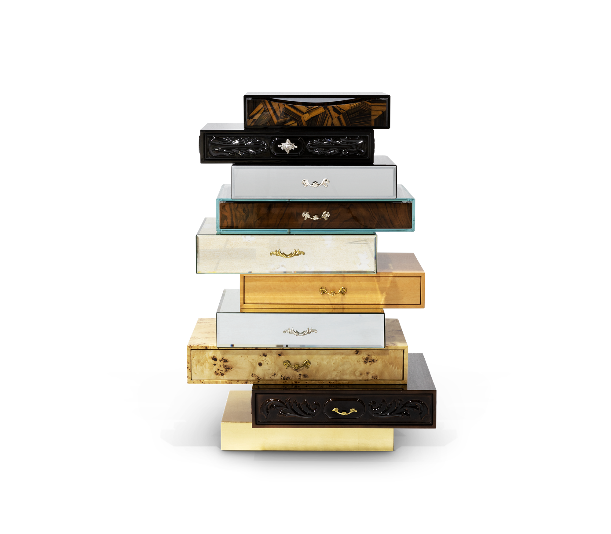 Luxury Chest of Drawers with Mixed Wood Finishes, Brass Details & Designer Storage