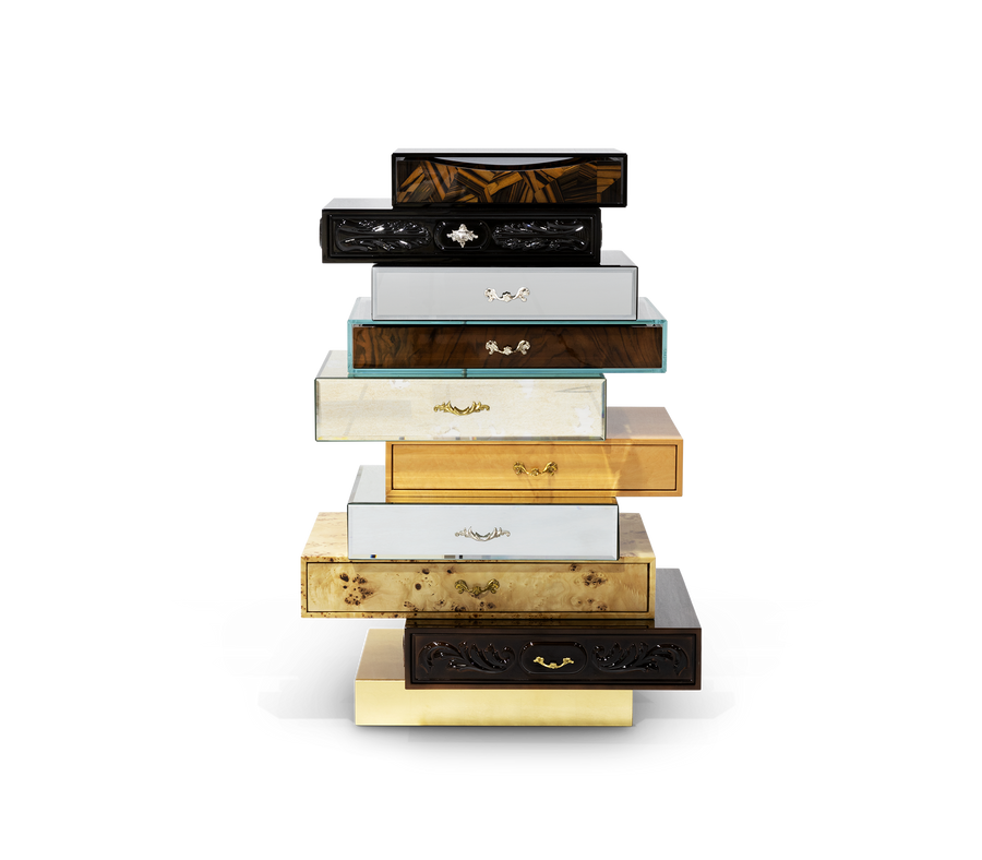 Luxury Chest of Drawers with Mixed Wood Finishes, Brass Details & Designer Storage