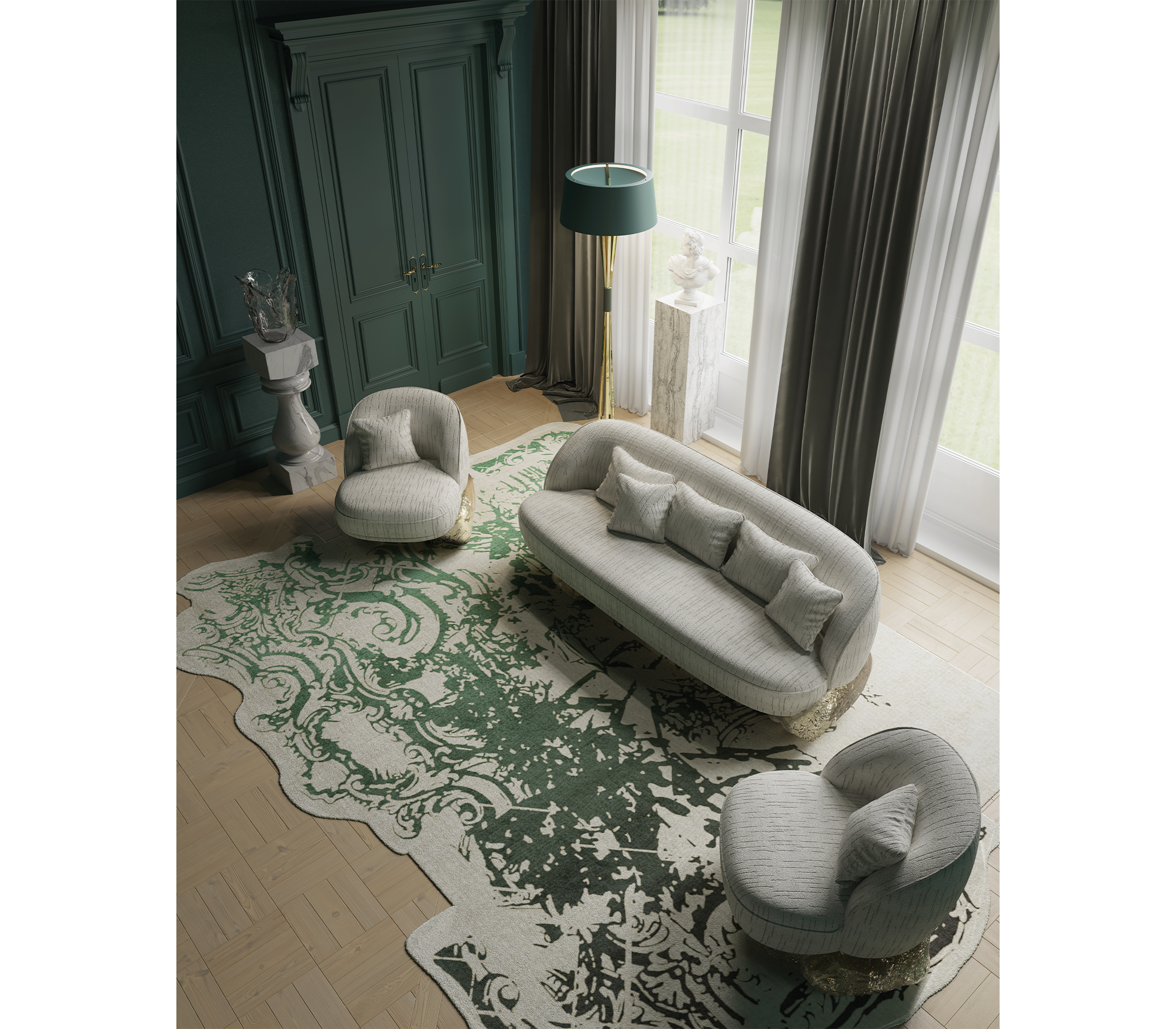 Luxury Sculptural Sofa with Polished Hammered Brass Base & Organic Curved Design
