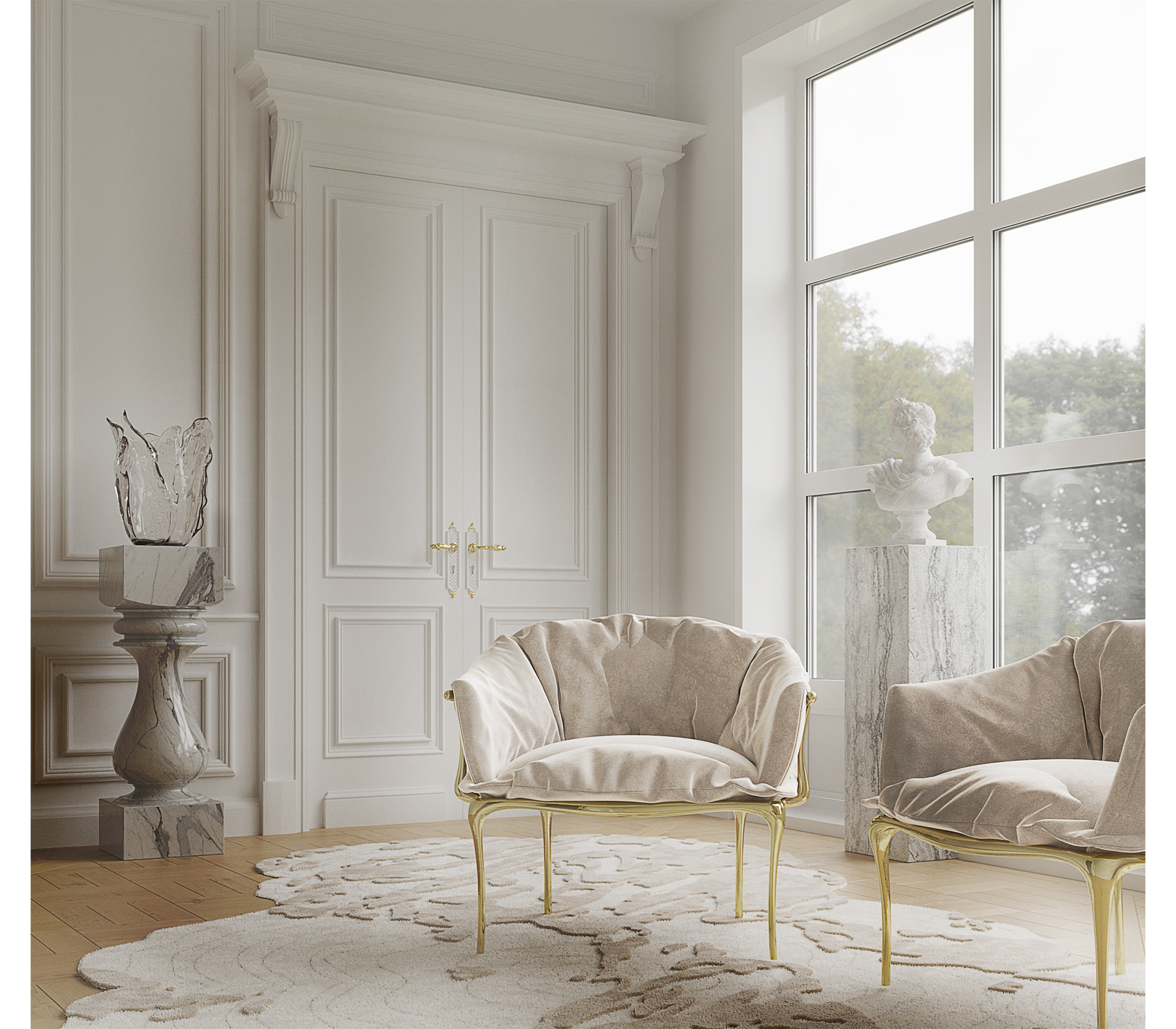 Luxury Surrealist Armchair with Gold-Plated Brass Frame, Velvet Seat & Sculptural Design