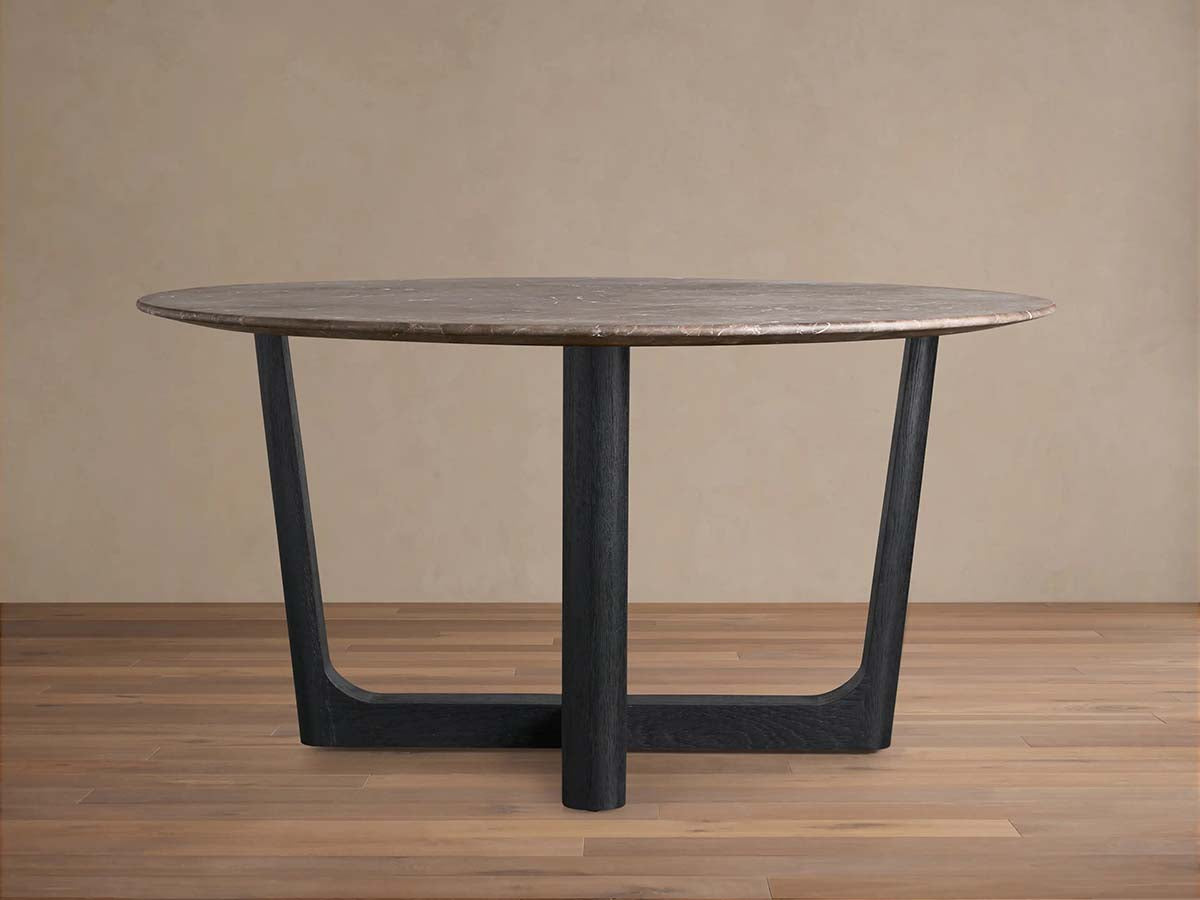 Saint Germain Round Stone Dining Table with Carrara Marble Top Wood Rennes Base
