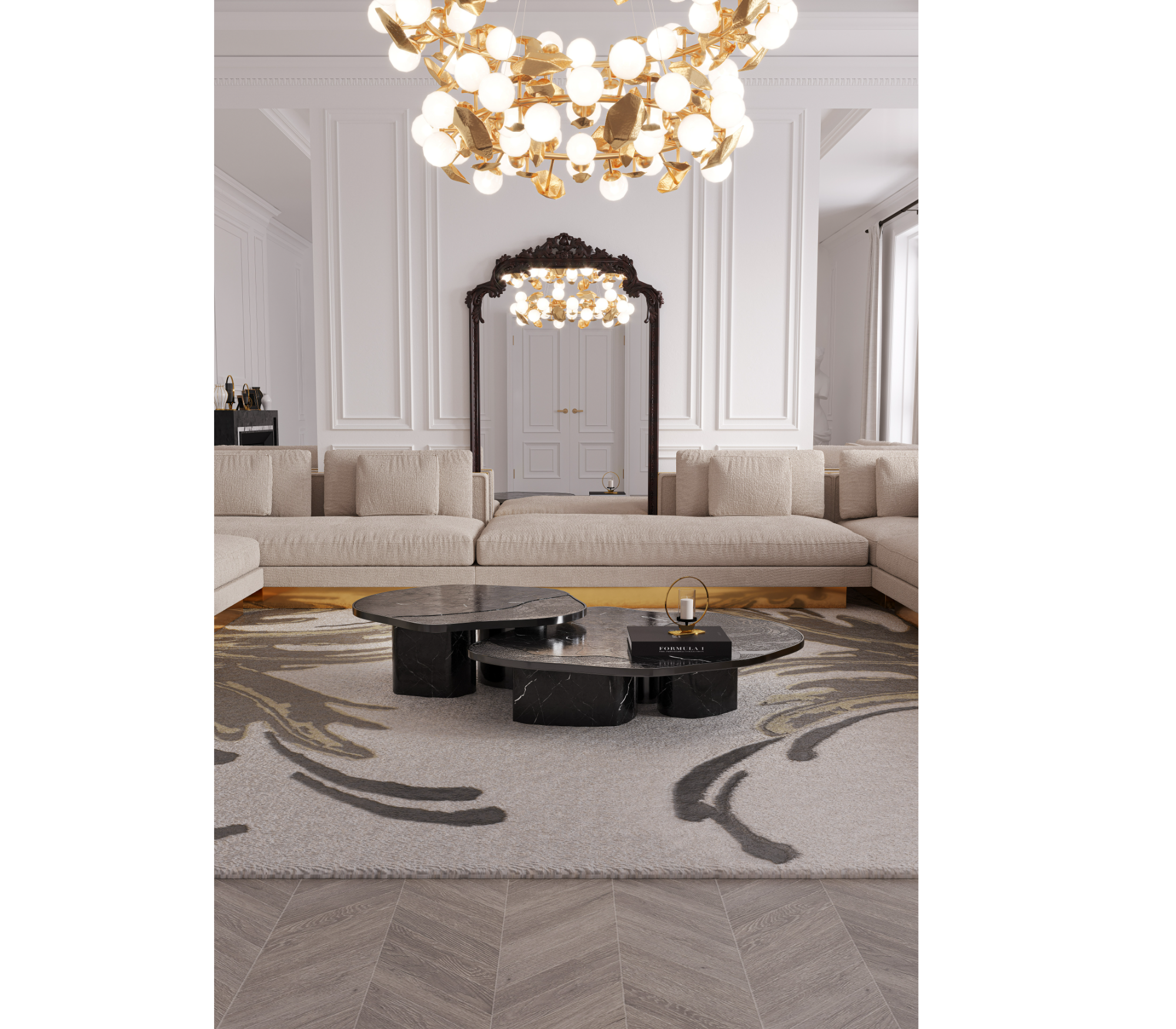 Luxury Calacatta Marble Coffee Table with Black Sculptural Base & Modern Design