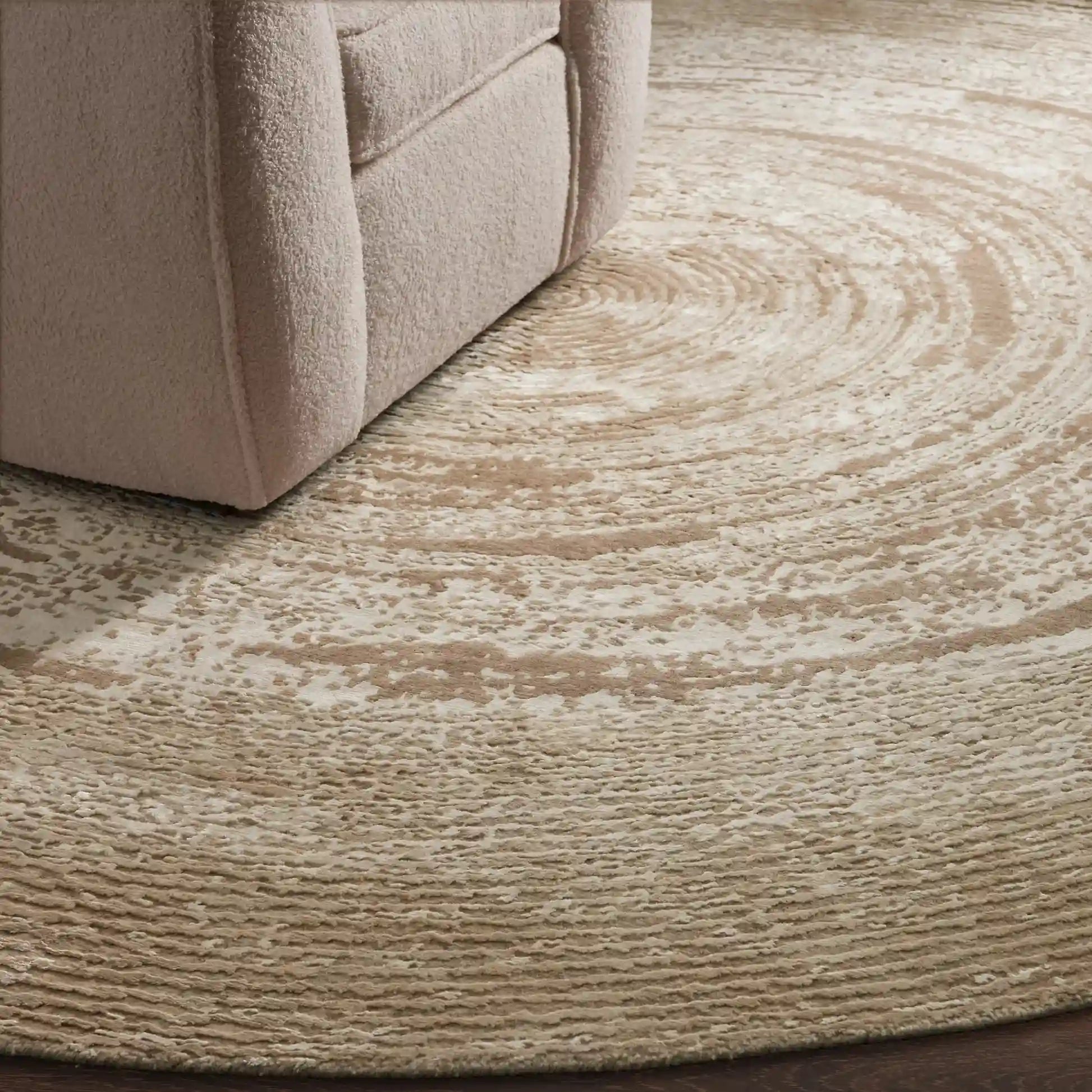 Veyra Hand-Knotted Round Wool & Rayon Rug Natural Tree Ring Textured Style Eye-Catching Carpet