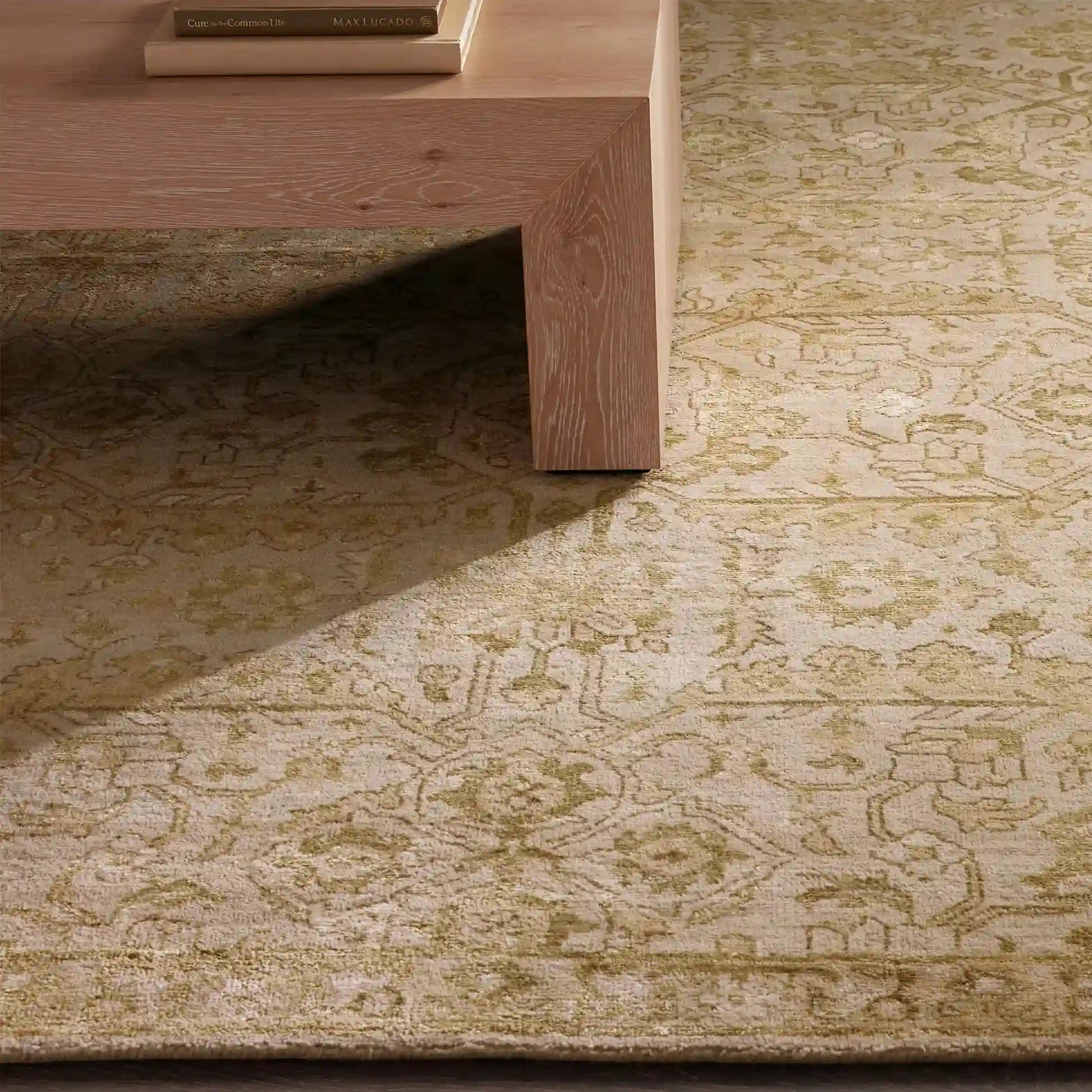 Syanna Wool Hand Tufted Rug in Blue or Moss Layered Design Versatile Carpet Traditional Persian Light Vintage Style