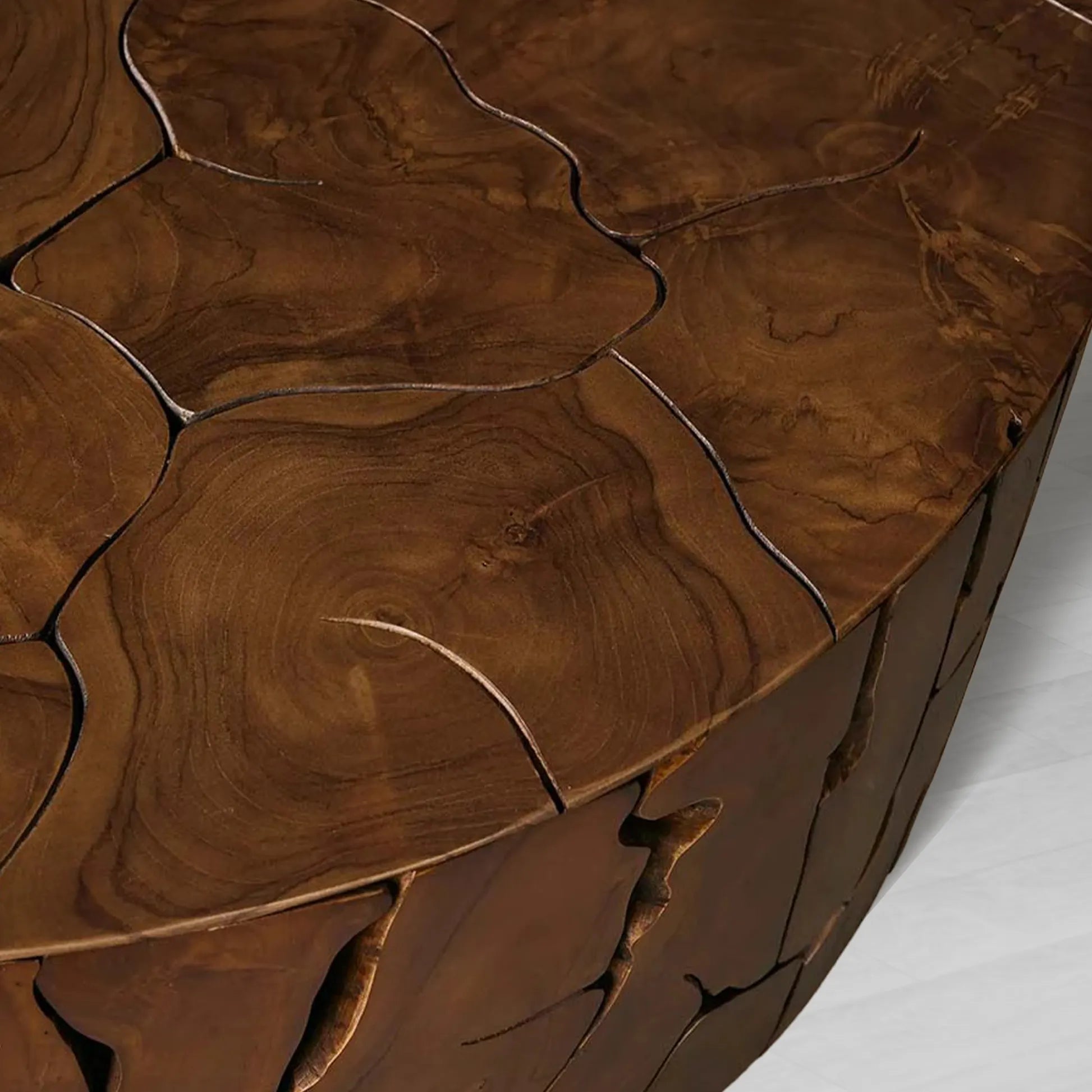 Kalmar Natural Teak Wood Round Coffee Table Hand-Assembled Slices Cocktail Table Unique Living Room Center Tea Table Natural Style1