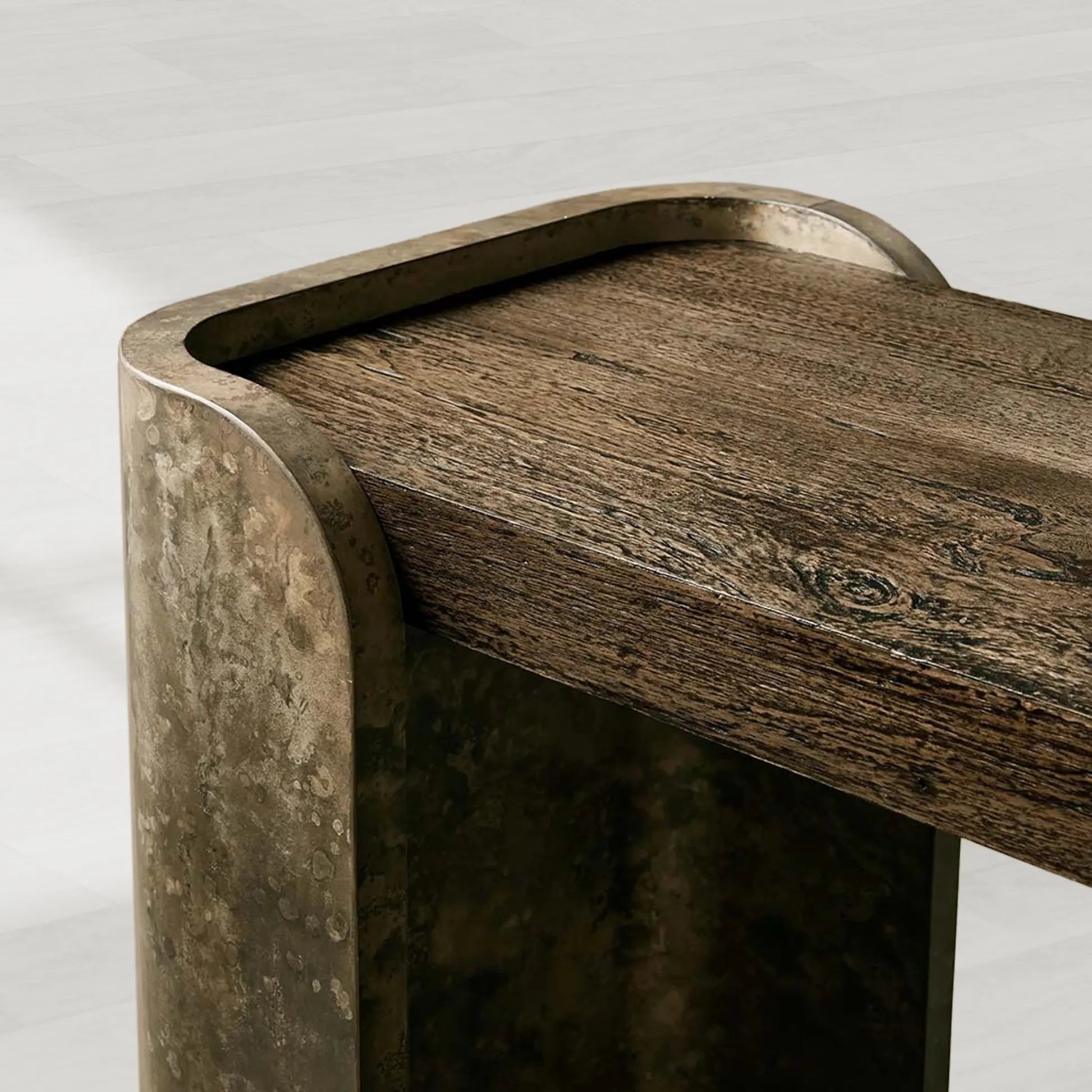 Alvaro Primavera Wood Entryway Console Table Oxidized Aluminum Modern Wabi-Sabi Style Hallway Entrance Table