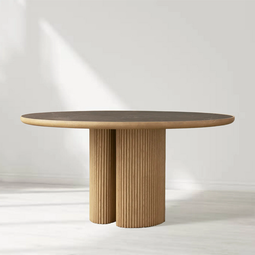 Astor Round Dining Table with Marble Top Oak Wood Base Solid Oak Slats