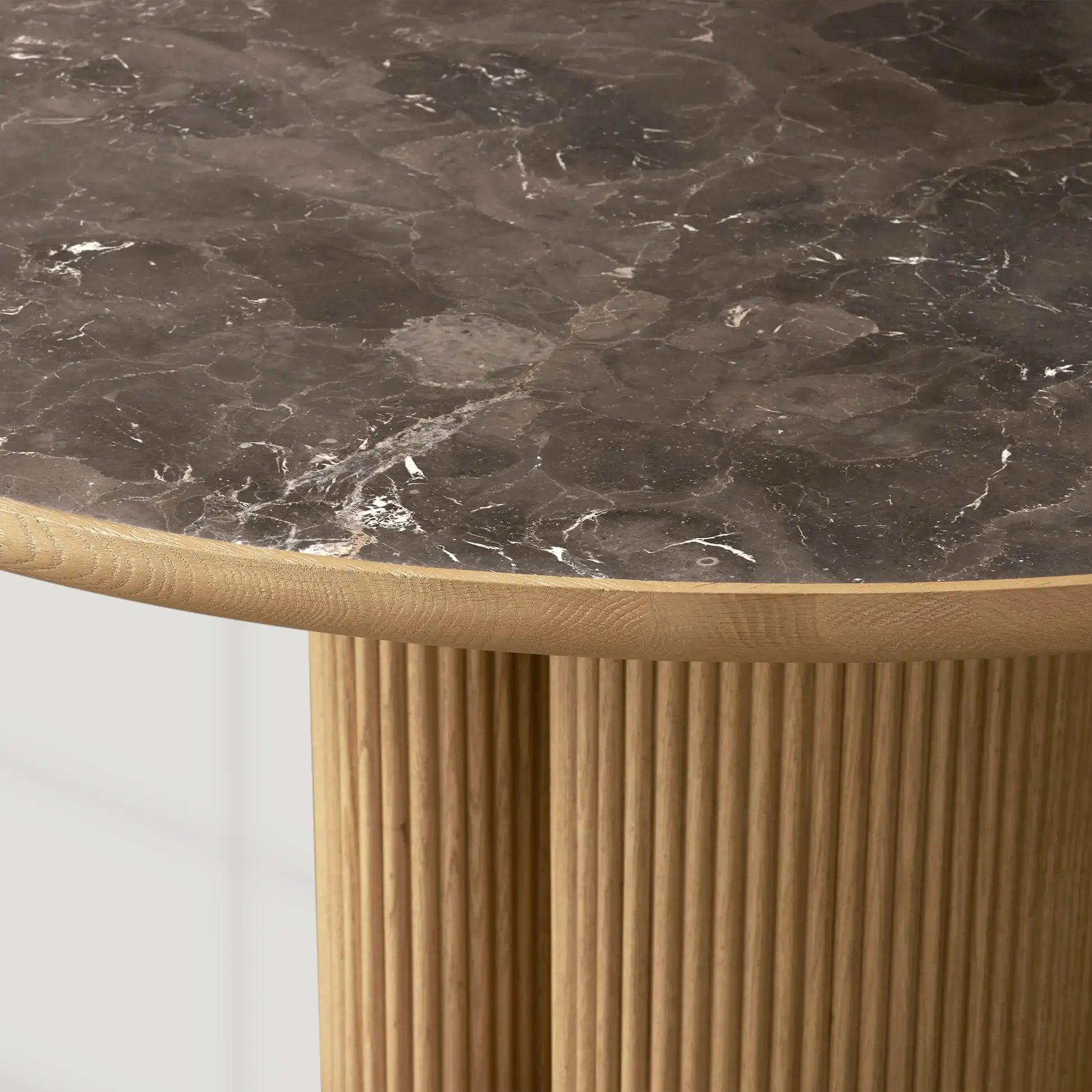 Astor Round Dining Table with Marble Top Oak Wood Base Solid Oak Slats