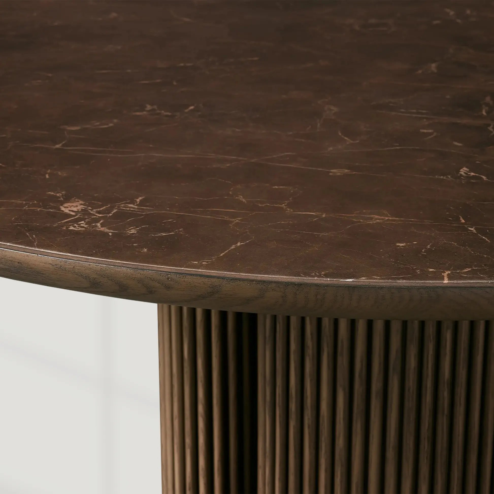 Astor Round Dining Table with Marble Top Oak Wood Base Solid Oak Slats