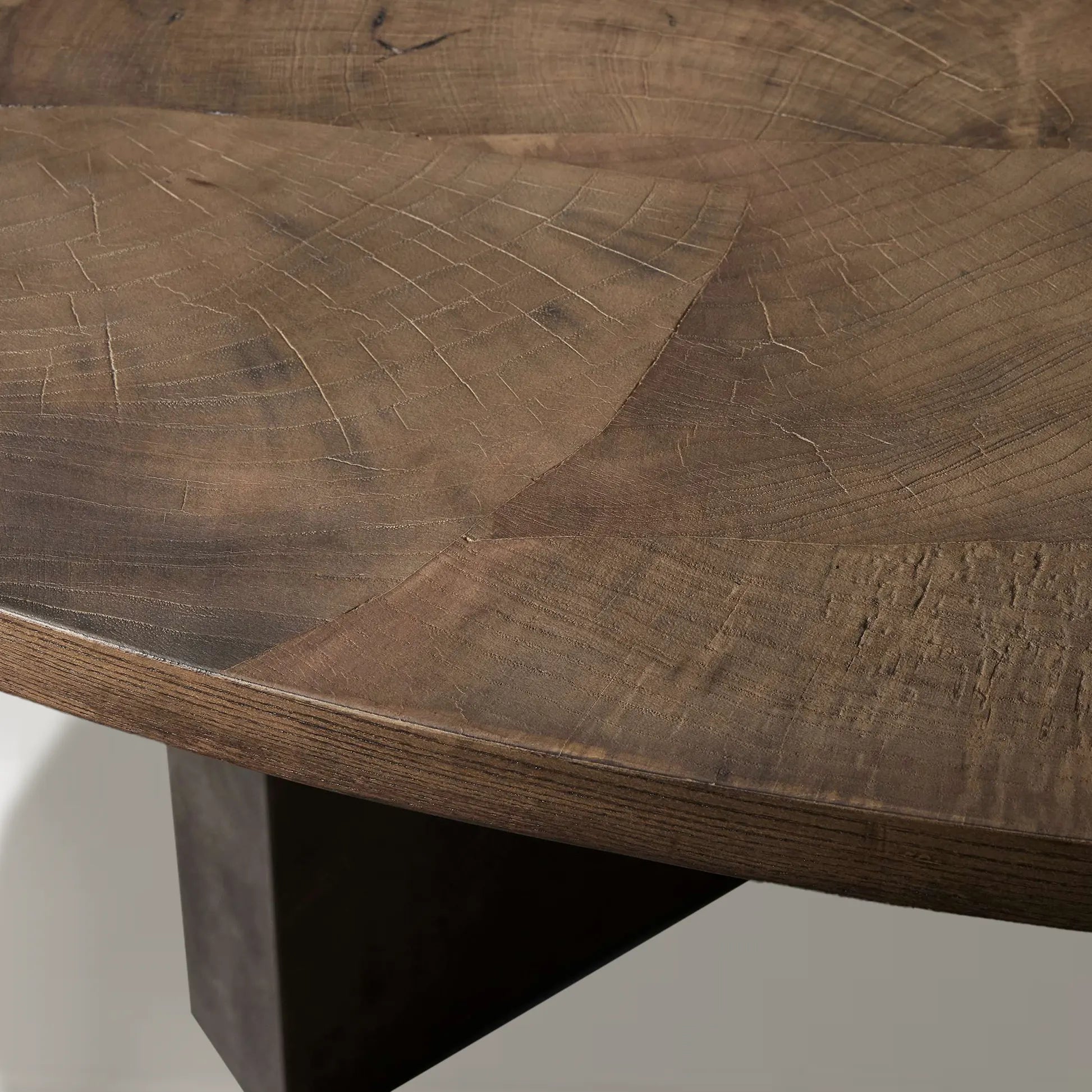 Polanco Round Dining Table with Oyster-Cut Wood Oxidized Steel Base