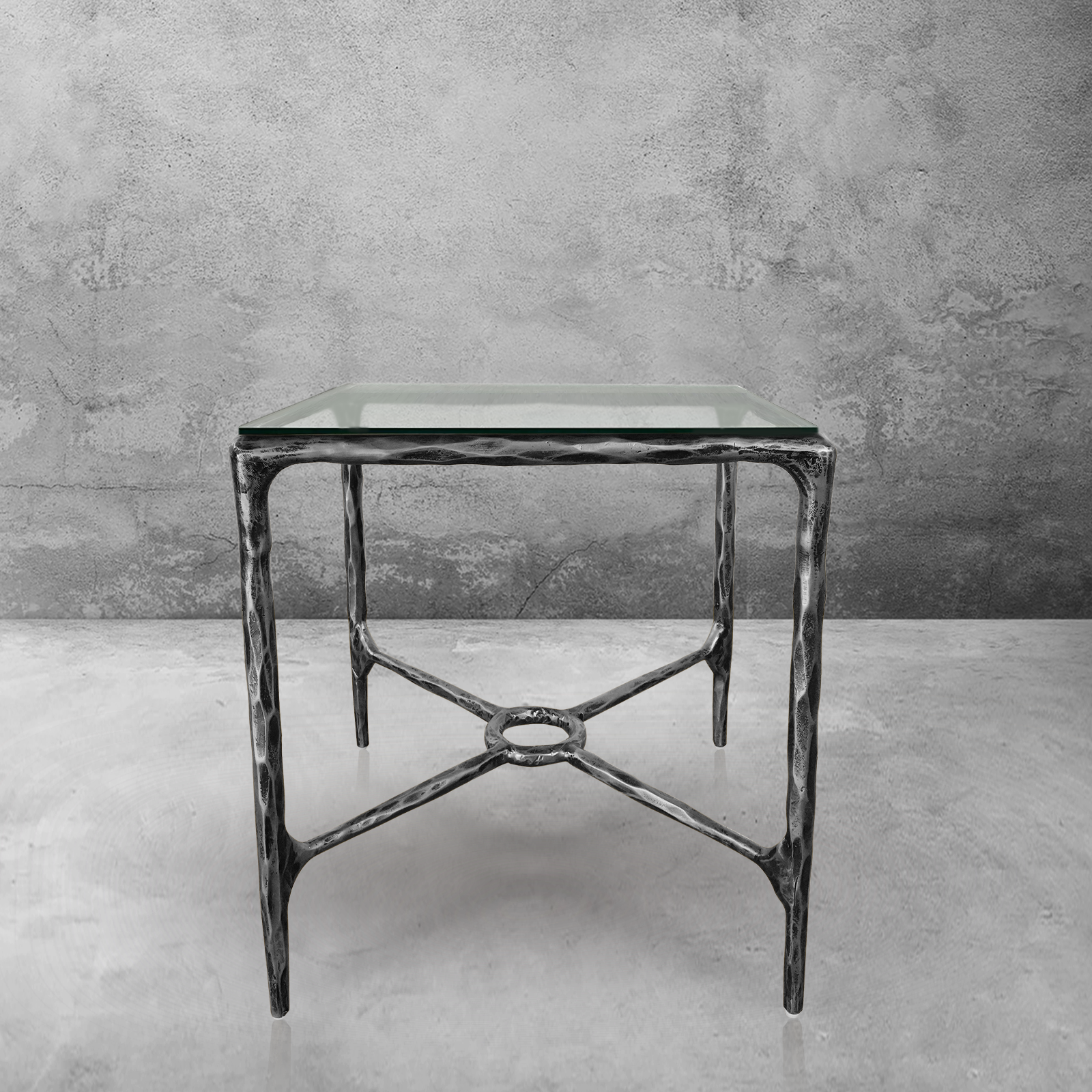 Thaddeus Metal Glass Square Side Table Overhang Hand-Forged Style-O End Table