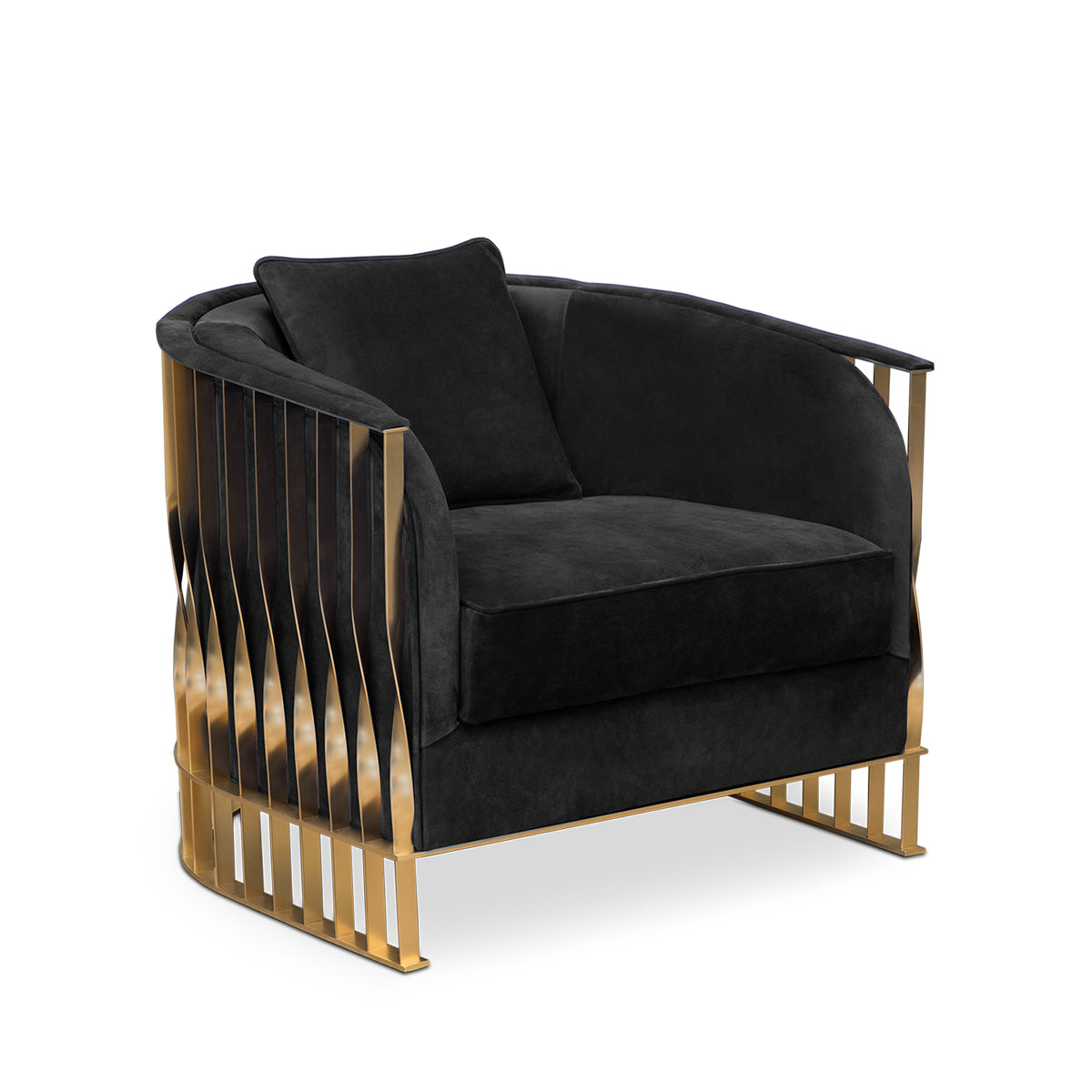 Luxury Velvet Armchair with Curved Sculptural Design & Gold Accent Base