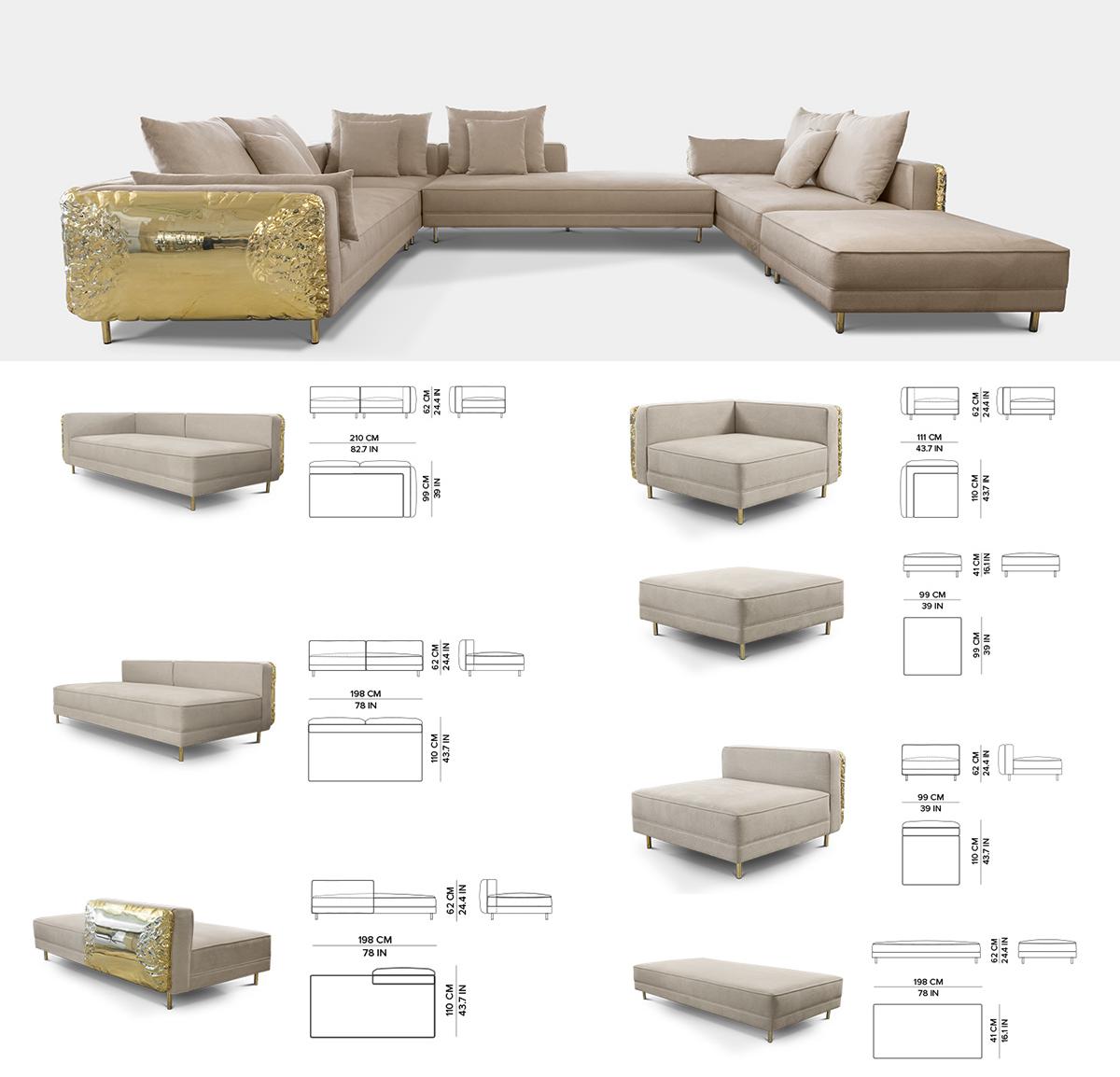 Luxury Imperfect Sculptural L-Shaped Modular Sofa with Ottoman & Polished Brass Design