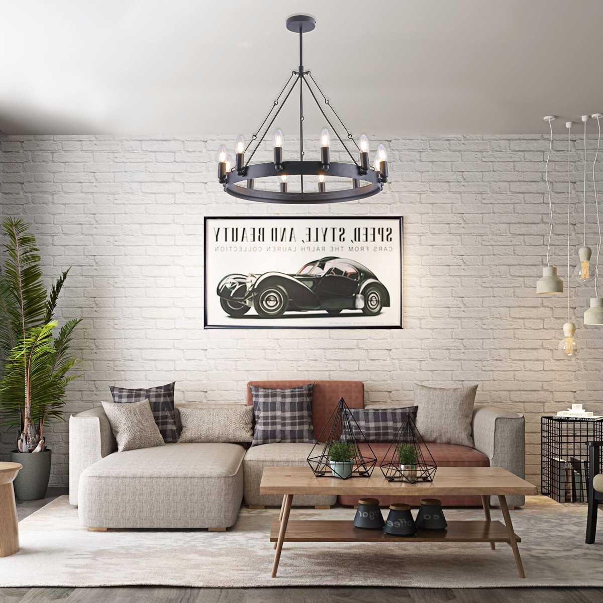 Rustic 25.6×25.6×19.7 inch Eight-Light Black Wrought Iron Chandelier with 39.4 inch Hanging Chain – Vintage Farmhouse Lighting Fixture