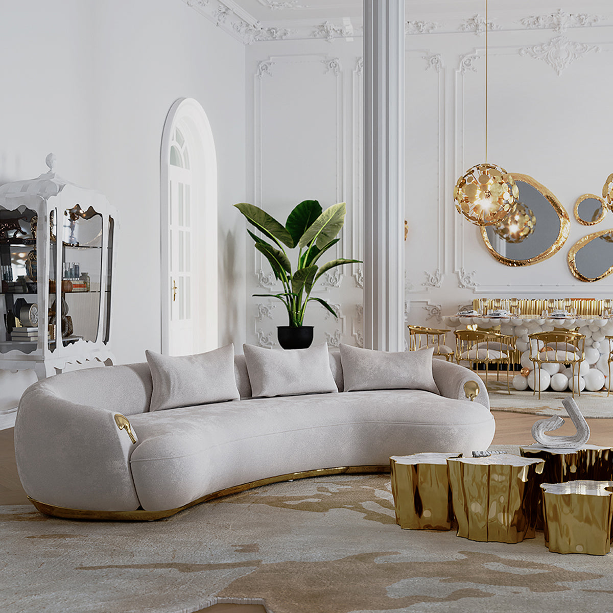 Luxury Curved Sofa with Hand-Hammered Polished Brass Base & Cream Upholstery Design