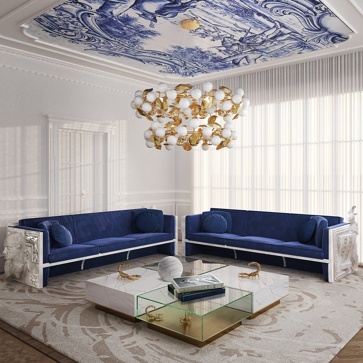 Luxury Versailles Inspired Sofa with Sculpted Resin Wood Frame, Velvet Pillows & Acrylic Legs