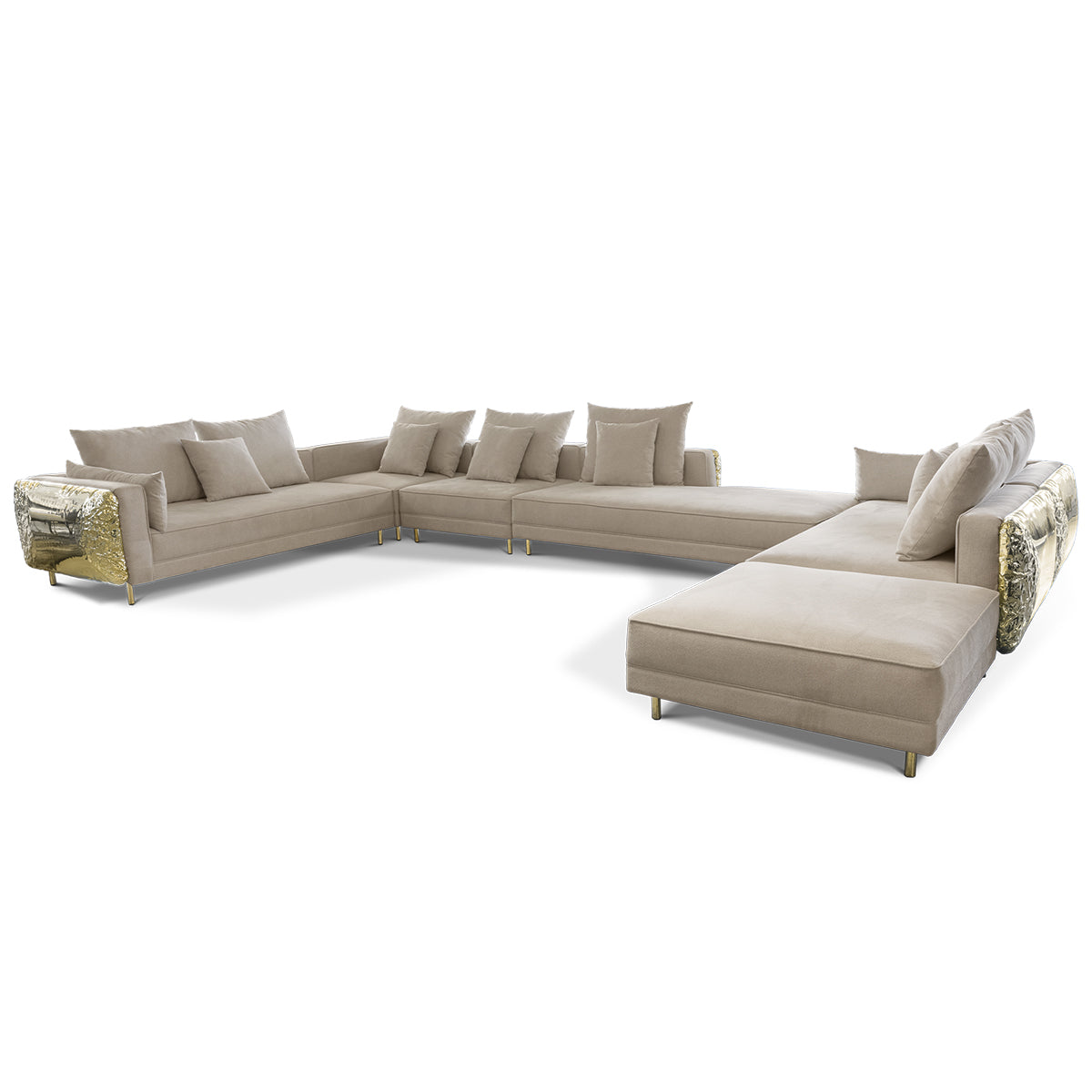 Luxury Imperfect Sculptural L-Shaped Modular Sofa with Ottoman & Polished Brass Design