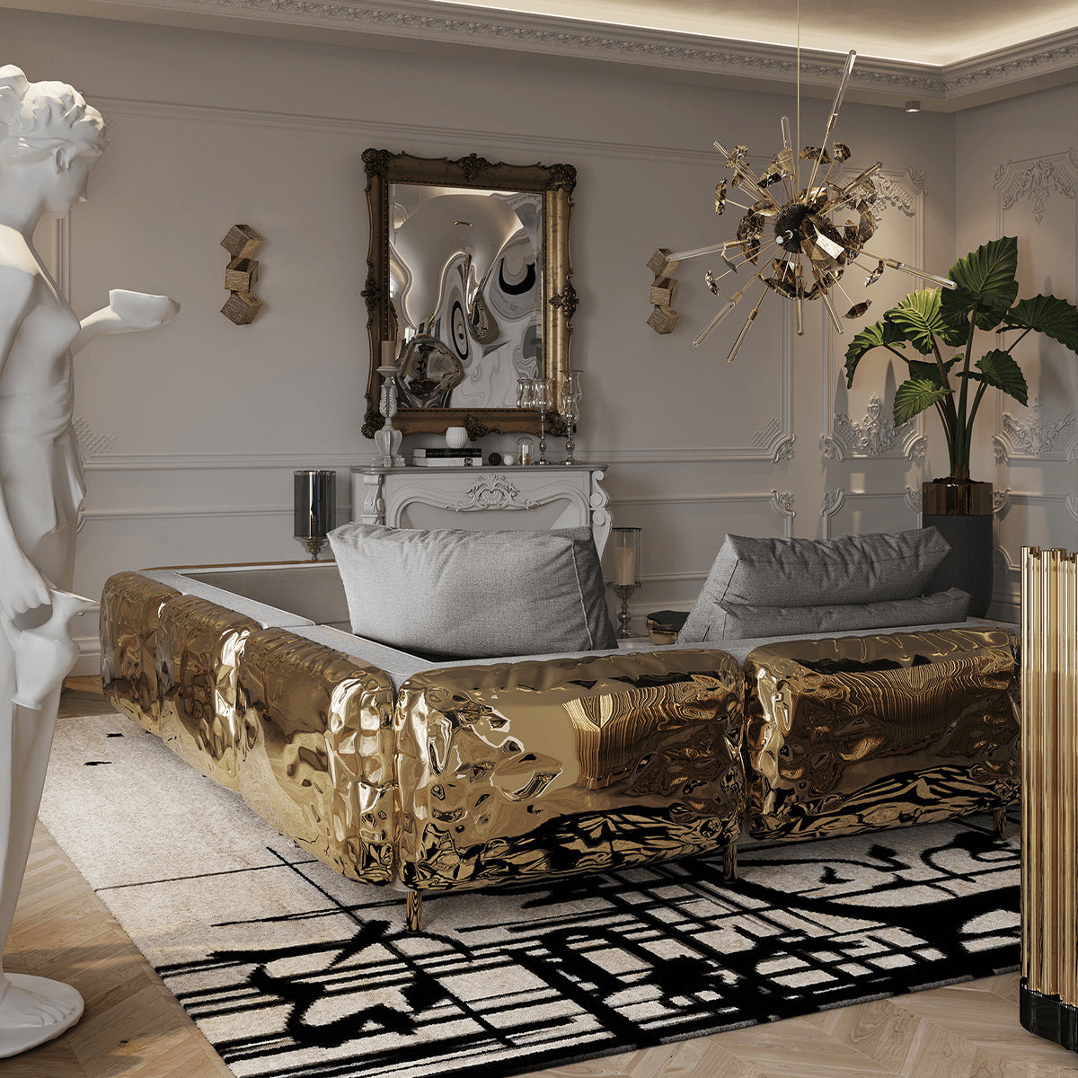 Luxury Imperfect Sculptural L-Shaped Modular Sofa with Ottoman & Polished Brass Design