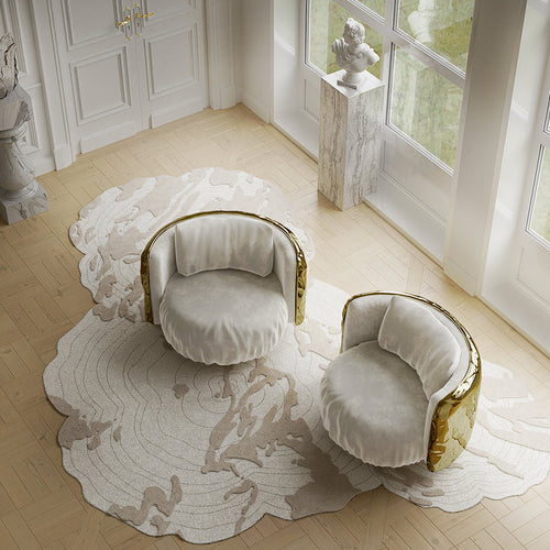 Luxury Imperfect Sculptural Armchair with Swivel Base & Hammered Brass Round Design