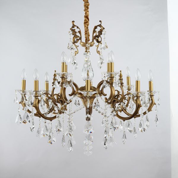 37X31 Inch 12 Lights Candle Style Antique Brass and Crystal Chandelier