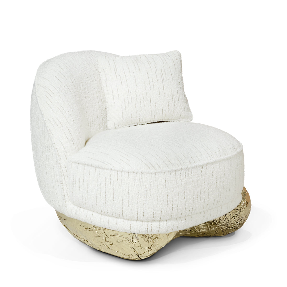 Luxury Sculptural Armchair with Polished Hammered Brass Base & Organic Curved Design