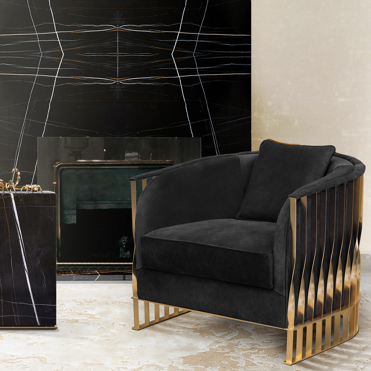 Luxury Velvet Armchair with Curved Sculptural Design & Gold Accent Base