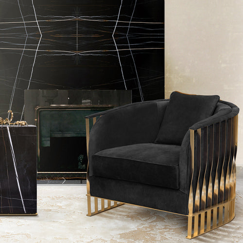 Luxury Velvet Armchair with Curved Sculptural Design & Gold Accent Base