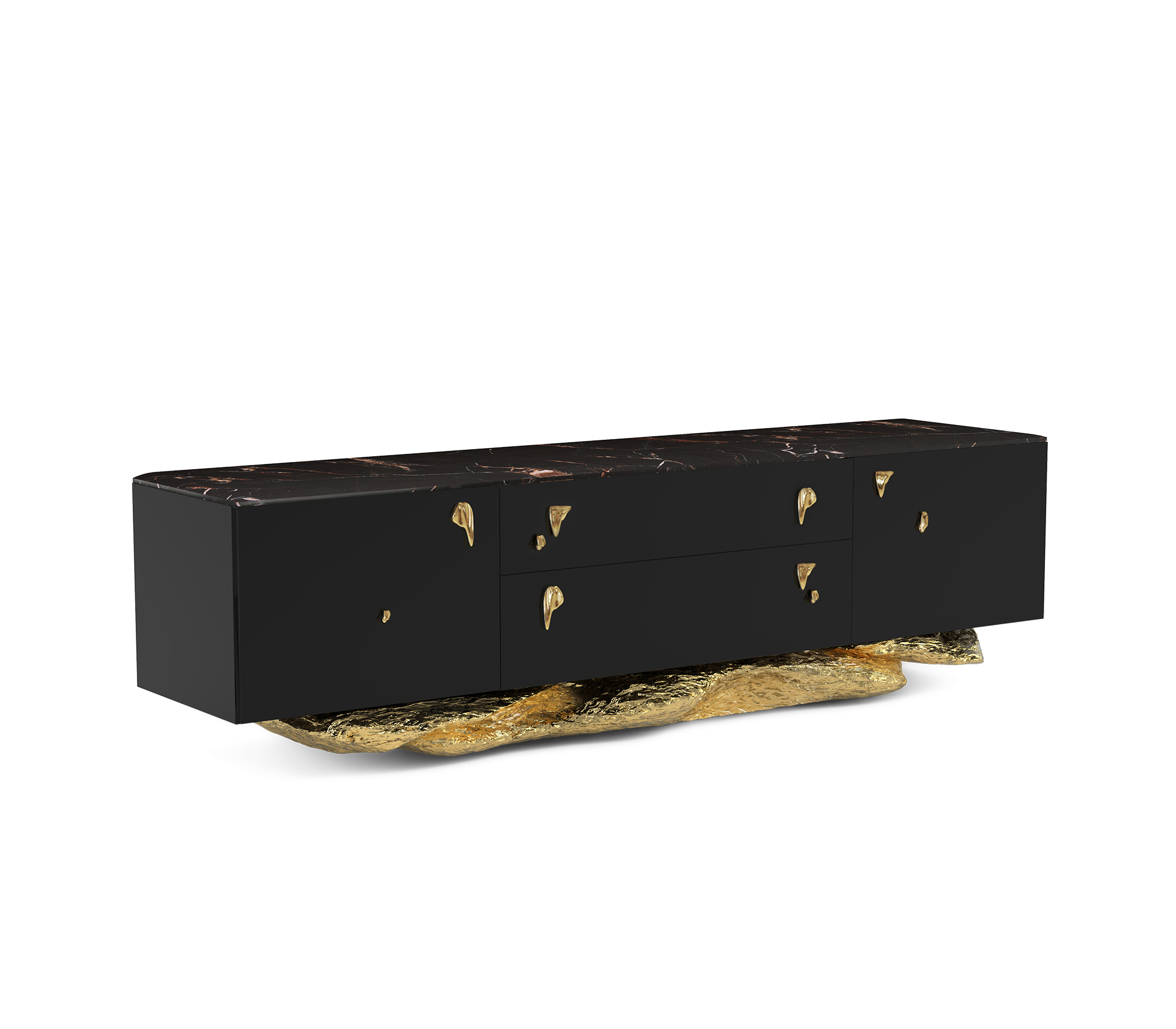 Luxury Black Gold Media Console with Marble Top & Hidden Storage