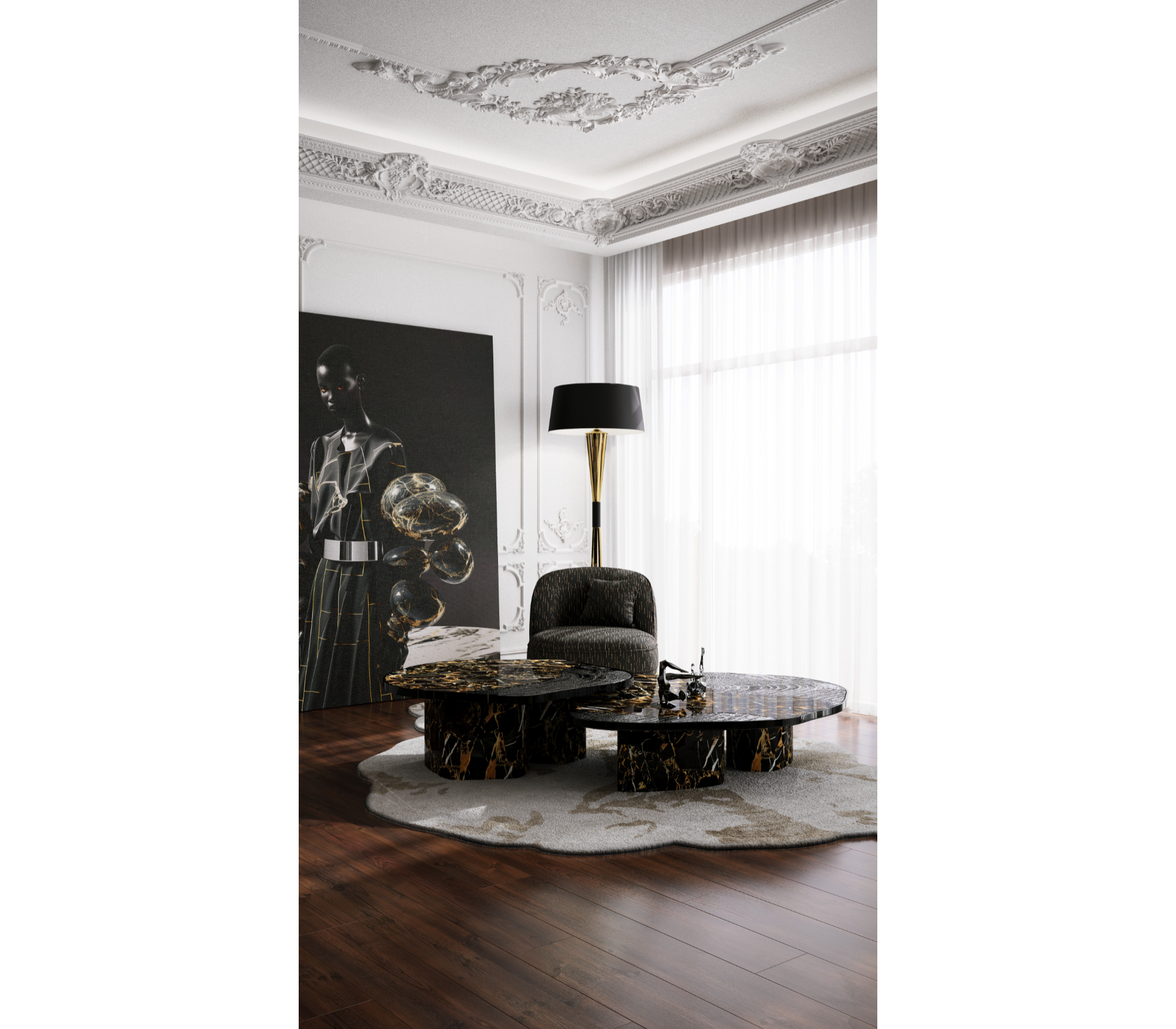 Luxury Calacatta Marble Coffee Table with Black Sculptural Base & Modern Design