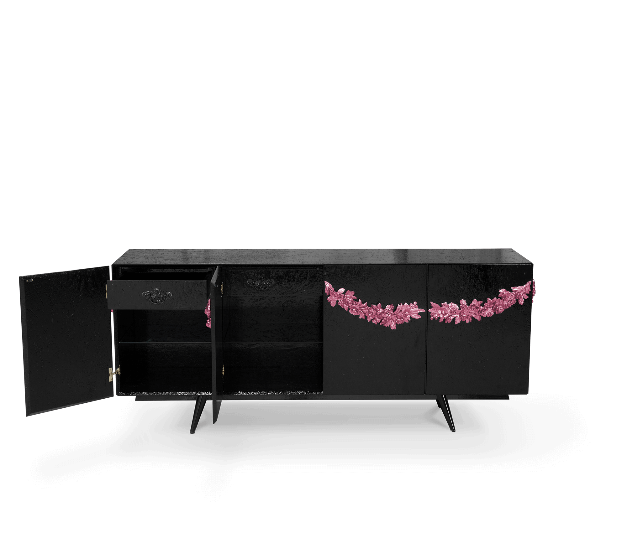 Luxury Black Sideboard Buffet Cabinet with Floral Carved Details & Storage