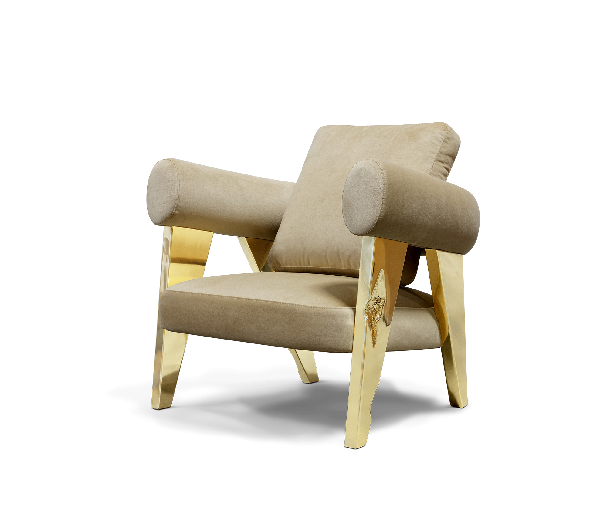 Luxury Sculptural Armchair with Polished Hammered Brass Legs & Curved Upholstery Design