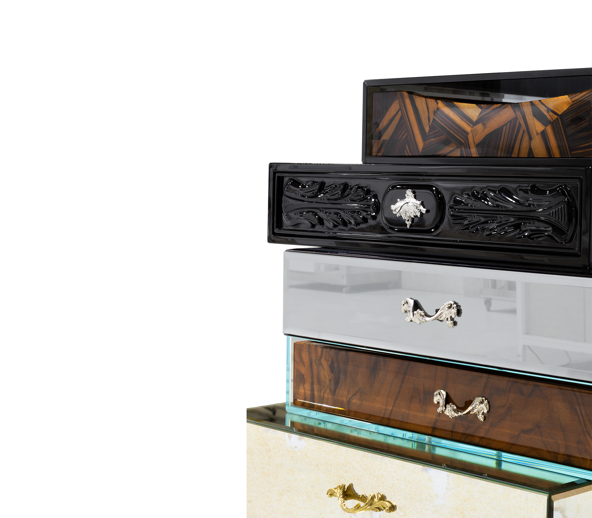 Luxury Chest of Drawers with Mixed Wood Finishes, Brass Details & Designer Storage