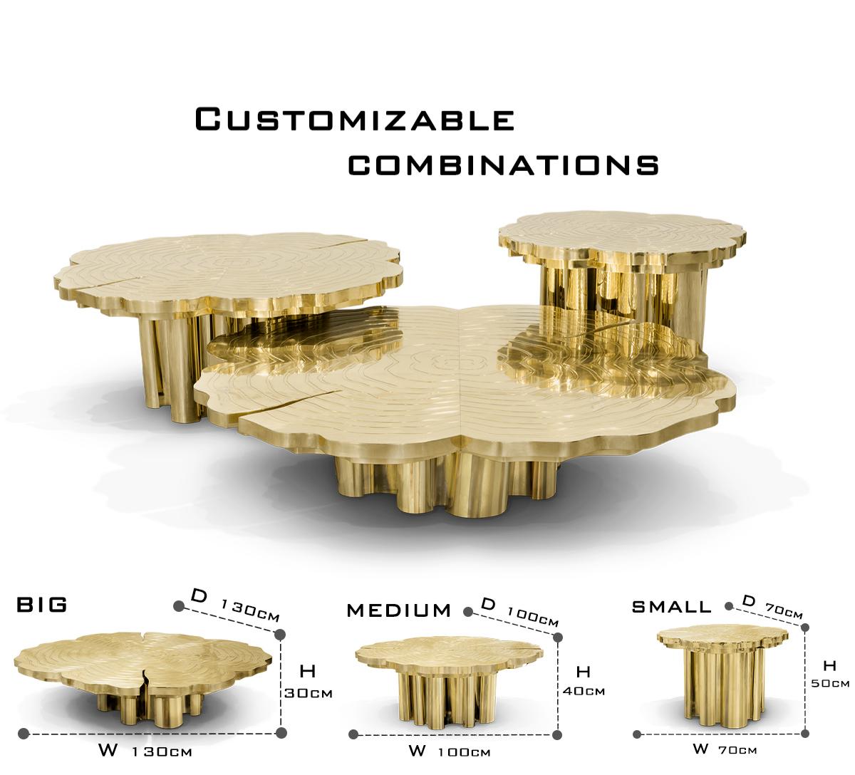 Luxury Patina Brass Coffee Table Set with Round Tiered Tops & Statement Design