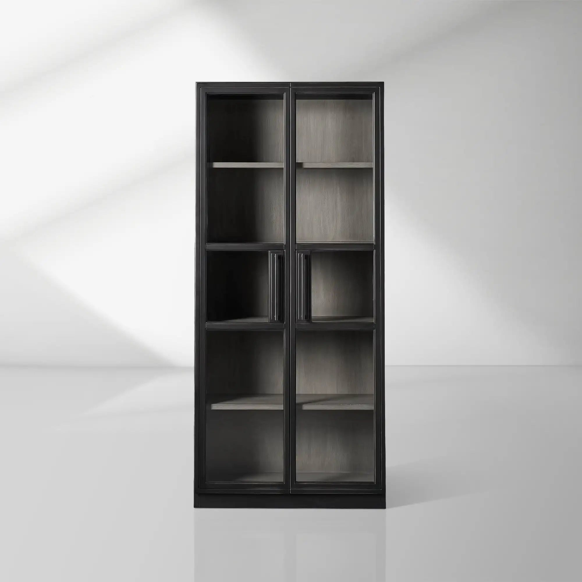 French Vintage Factory Tall Display Cabinet with Tempered Glass Doors Wood Living Side Cabinet Bookcase